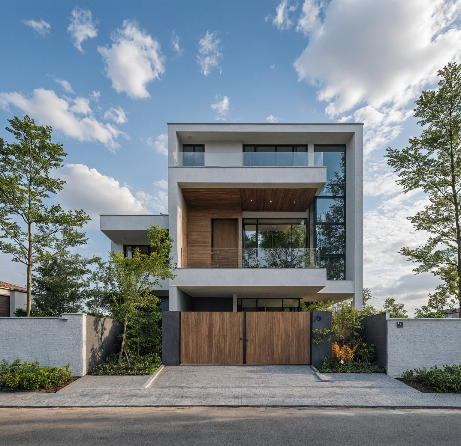 The modern gate features a sleek and minimalist design, sky, cloud, (daylight:1.1)
