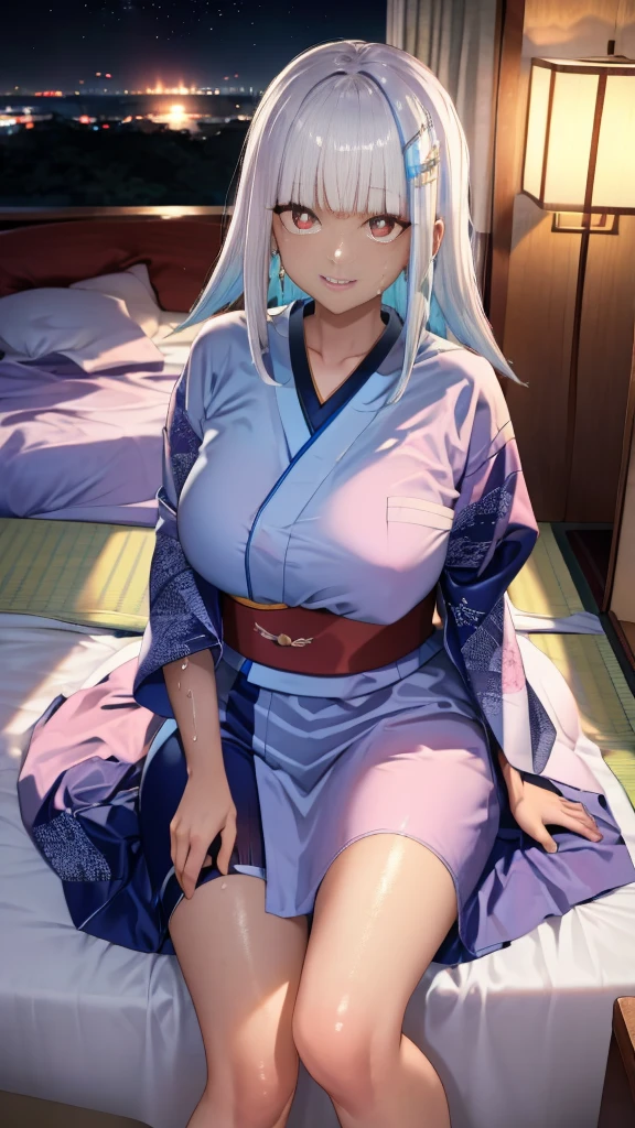 Highest quality、Highest quality、masterpiece、High-end、
,
(kimono:1.28),Heart-shaped pupils、((throw:1.8)),
smile,Mouth closed,
Lady, Woman, Cowboy Shot,
(Dark Room:1.5, Love hotel beds in Japan:1.5, Detailed Background:1.18),
High resolution,Official 、Long Hair、Art,original,masterpiece,Highest quality, reality、
(Huge breastily skin),((vapour,Sweat))
Lying on the futon in a sexy pose、Liewn with your legs apart, invite、Run the service、service、White Hair、(Brown Skin:1.5)