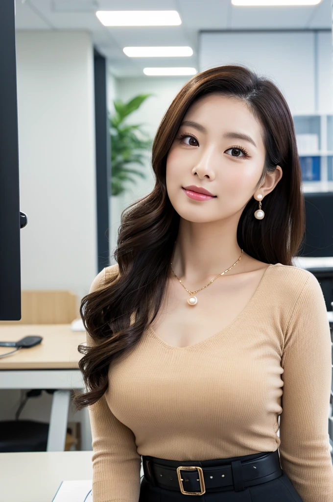 company office,executive secretary,okinawa,((full body)),((photo)),((best qualtiy, 8K, tmasterpiece:1.3)), Focus:1.2, perfect figure beautiful girl:1.4,1girl,cowboy shot,look at viewer, eyes facing the camera,incredibly absurd, beautiful and cute girl with a photorealistic face, showcasing top-quality craftsmanship, Japanese woman working in an office, 22 years old, hairstyle is black bob hair, inward curling hair reaching the jaw line, thin and soft hair, wide forehead with beautiful hairline, thin eyebrows, large almond-shaped eyes, light brown eyes, long eyelashes, double eyelids, straight nose, small lips, smile with upturned corners, fair and translucent skin, plump cheeks, cute impression, glamorous, tall, well-balanced proportions, large E-cup breasts, beige V-neck knit, white tight skirt, heeled pumps, pearl necklace and earrings, small bag, gold watch, beautiful, pretty older woman, neat, serious, hardworking, kind, considerate, highly trusted by those around her, April