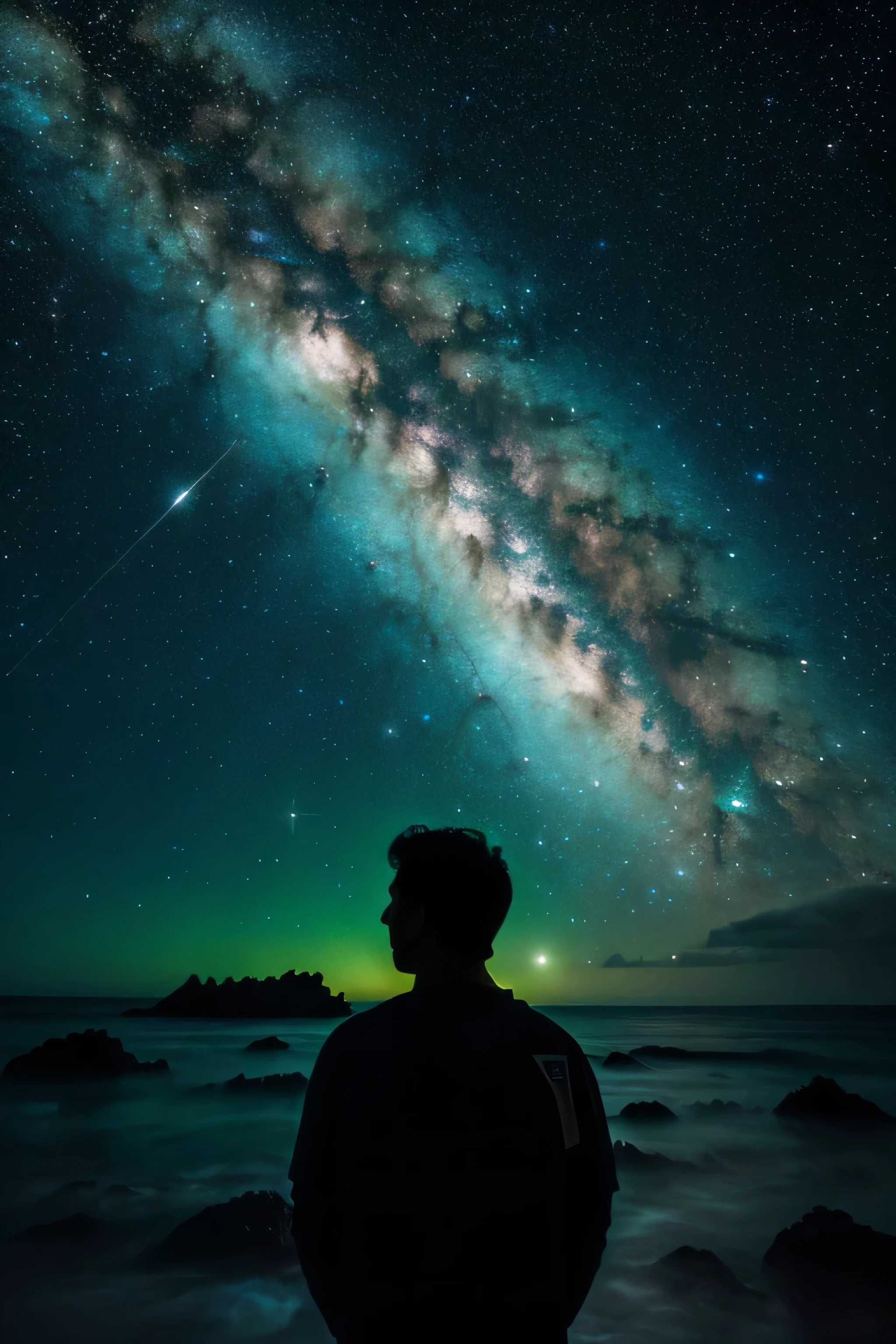 An astronaut deep underwater, surrounded by glowing sea creatures and luminous algae, gazes at the vast expanse of the galaxy. The dazzling lights of stars and nebulae shine like brilliant jewels in the immense darkness of the ocean. With eyes wide in awe and wonder, they look at millions of stars, planets, and distant galaxies. They feel as if they are closer to a great cosmic secret. Each point of light is an unknown world full of endless possibilities. In this moment, they are not only gazing at the infinite expanse of the galaxy but also at the boundless depth of existence, feeling that they