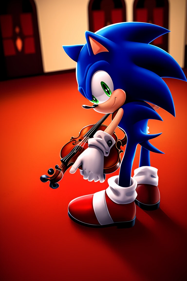 Sonic the Hedgehog, one man, holding a violin, red roses scattered on the ground, empty wedding hall.