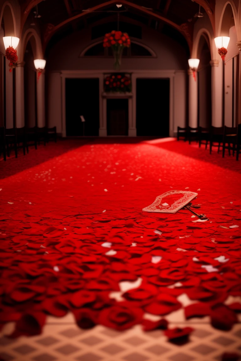 Sonic the Hedgehog, one man, holding a violin, red roses scattered on the ground, empty wedding hall.