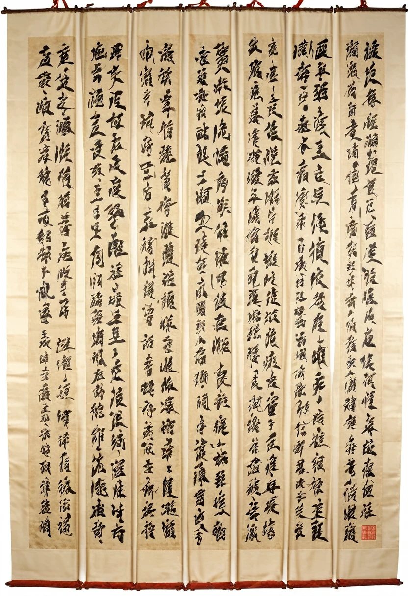 An ancient scroll being unfurled, revealing beautiful Chinese calligraphy
