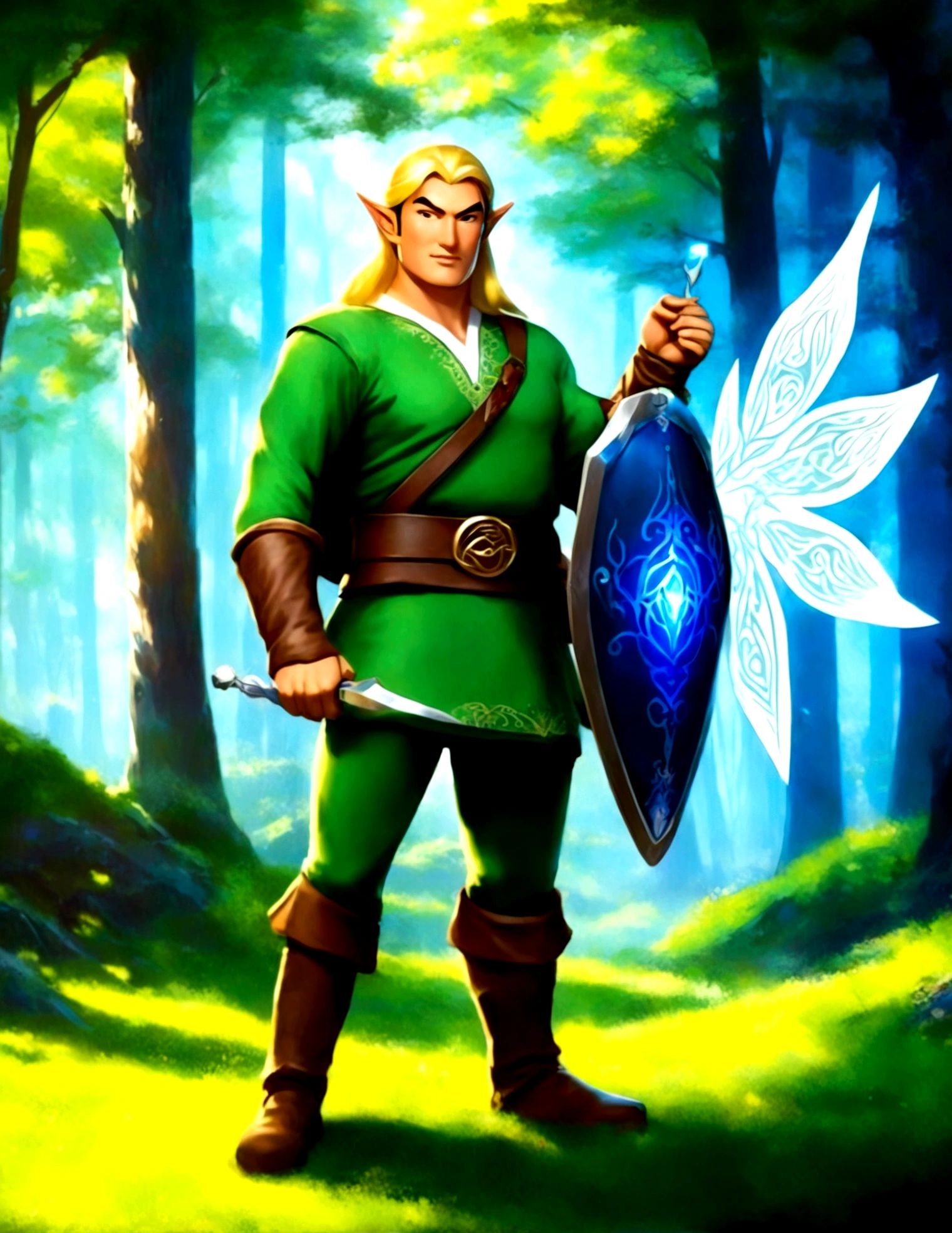 Steven Seagal (current, modern, big belly) in the role of Link (Link costume, elf ears, blonde wig over black hair, Link's shield on arm), akido pose, forest. Small magic fairy hovers nearby blue aura