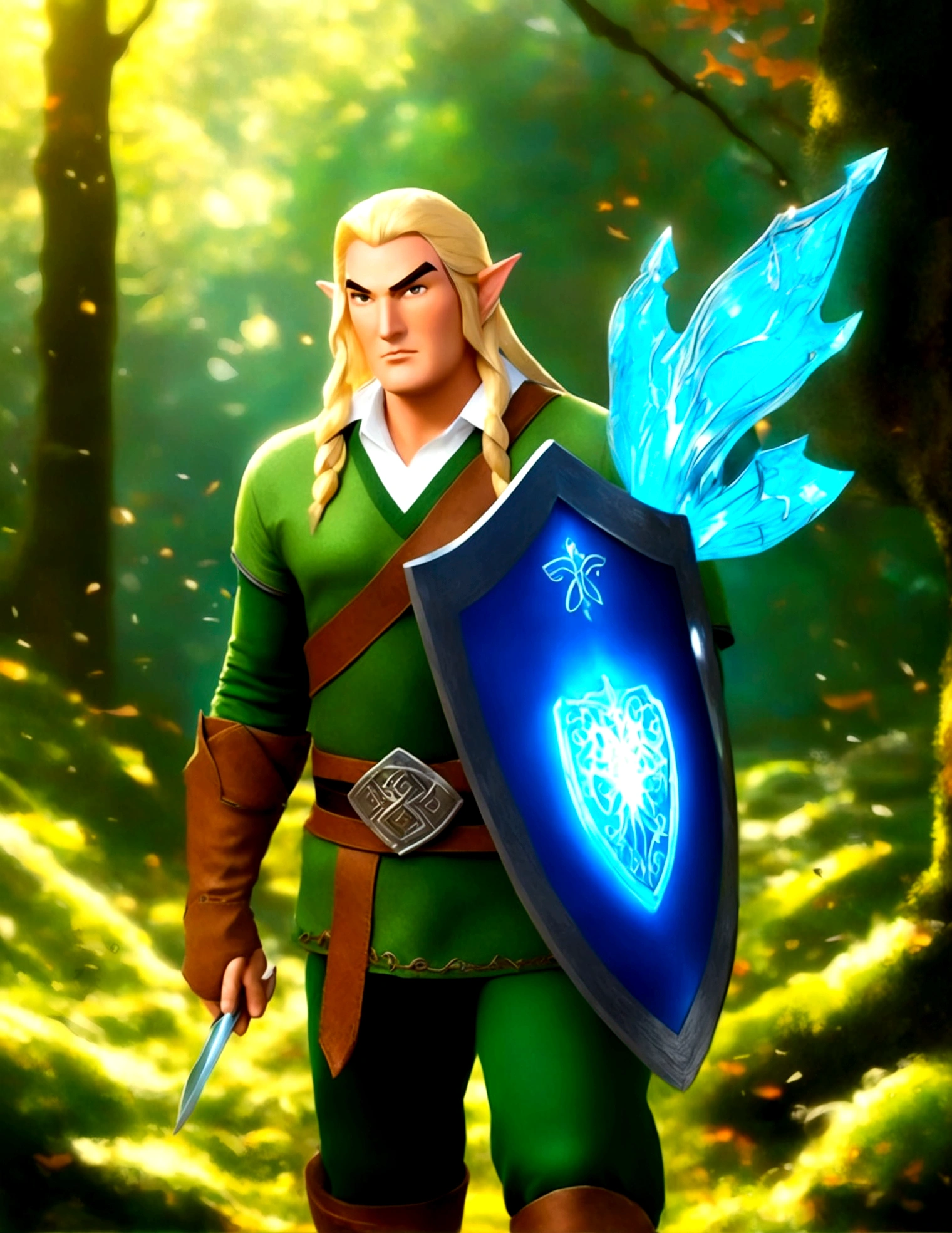 Steven Seagal (current, modern, big belly) in the role of Link (Link costume, elf ears, blonde wig over black hair, Link's shield on arm), akido pose, forest. Small magic fairy hovers nearby blue aura