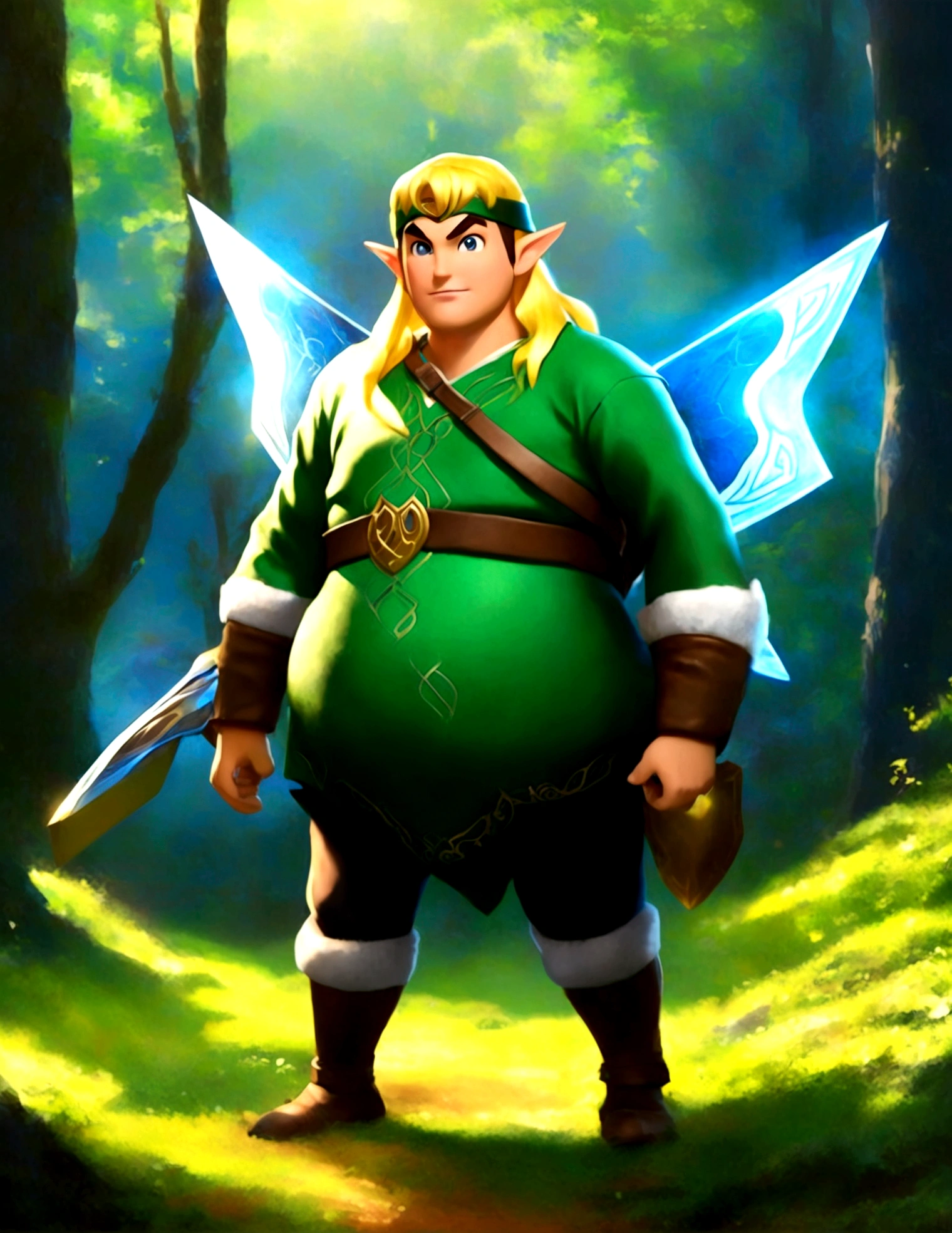 Steven Seagal (current, modern, big belly) in the role of Link (Link costume, elf ears, blonde wig over black hair, Link's shield on arm), akido pose, forest. Small magic fairy hovers nearby blue aura