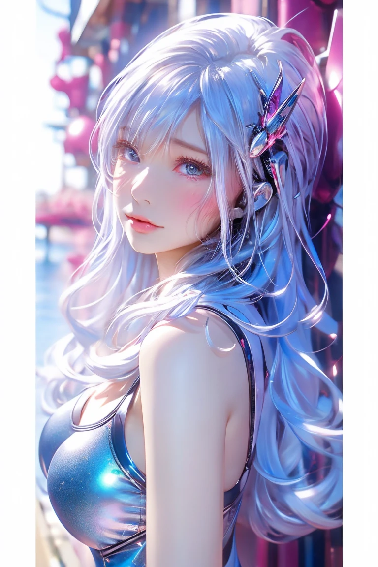 Highest quality、Silver hair straight、Her eyes are also silver、Big Breasts、Cute One Girl、Swimsuit、Background sea、Feels like being in a cartoon