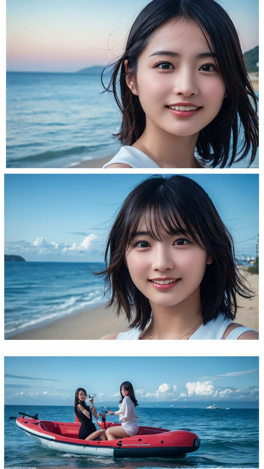 Two women taking a photo,Travel abroad,looking at the camera,smile,Beach,Clear skies,Banana boat ride,(Highest quality:1.4),(masterpiece:1.4),(Realistic:1.4),(Realistic:1.2),(超High resolution, RAW Photos:1.4),(High resolution, Super detailed:1.2),(8K:1.2)