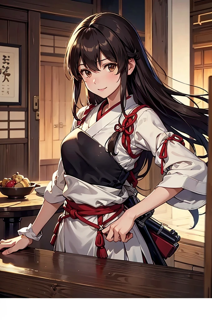 Highest quality, Tabletop, High resolution, alone, {Akagi_Fleet Collection:1.15}, length_hair, brown_hair, brown_eye, breastplate, tasuki, smile, One Girl , Japanese_Clothes, , Partially_Fingerless_gloves, arms, twist, single_Hand guard, extended_非常に精巧なarms、非常に詳細なeye、Highly detailed face、very elaborate body、The back room with the bewitching expression of extremely detailed skin