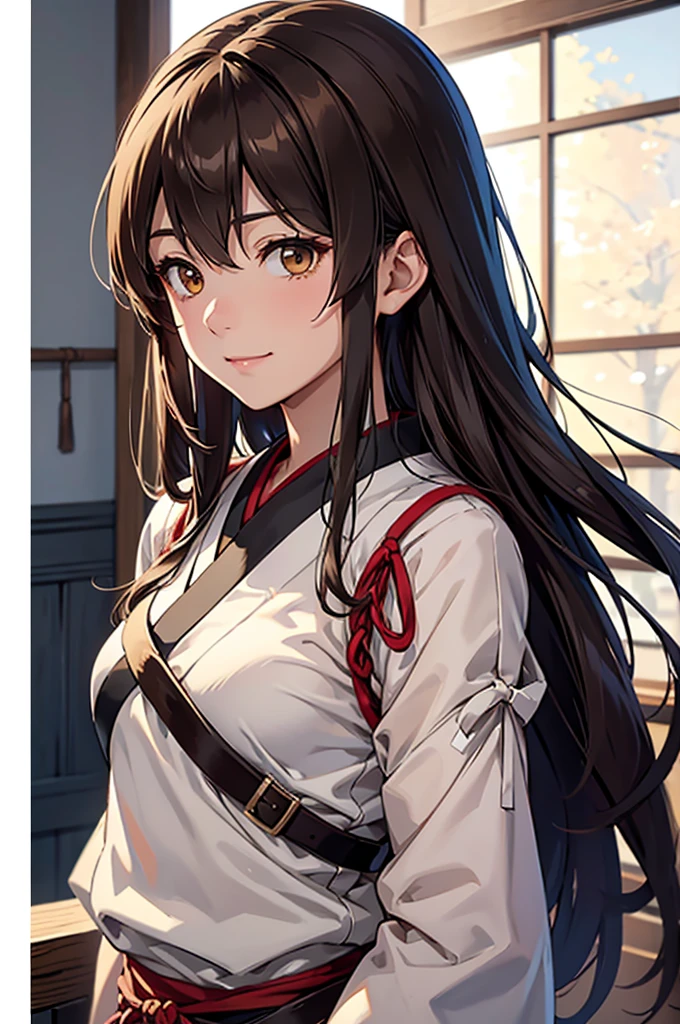 Highest quality, Tabletop, High resolution, alone, {Akagi_Fleet Collection:1.15}, length_hair, brown_hair, brown_eye, breastplate, tasuki, smile, One Girl , Japanese_Clothes, , Partially_Fingerless_gloves, arms, twist, single_Hand guard, extended_非常に精巧なarms、非常に詳細なeye、Highly detailed face、very elaborate body、The back room with the bewitching expression of extremely detailed skin