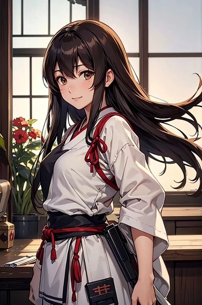 Highest quality, Tabletop, High resolution, alone, {Akagi_Fleet Collection:1.15}, length_hair, brown_hair, brown_eye, breastplate, tasuki, smile, One Girl , Japanese_Clothes, , Partially_Fingerless_gloves, arms, twist, single_Hand guard, extended_非常に精巧なarms、非常に詳細なeye、Highly detailed face、very elaborate body、The back room with the bewitching expression of extremely detailed skin