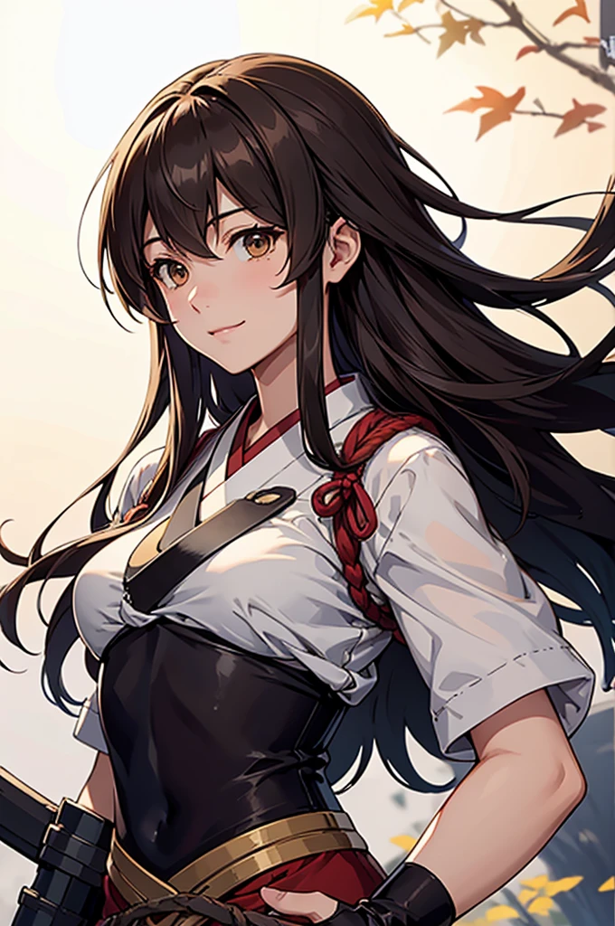 Highest quality, Tabletop, High resolution, alone, {Akagi_Fleet Collection:1.15}, length_hair, brown_hair, brown_eye, breastplate, tasuki, smile, One Girl , Japanese_Clothes, , Partially_Fingerless_gloves, arms, twist, single_Hand guard, extended_非常に精巧なarms、非常に詳細なeye、Highly detailed face、very elaborate body、The back room with the bewitching expression of extremely detailed skin