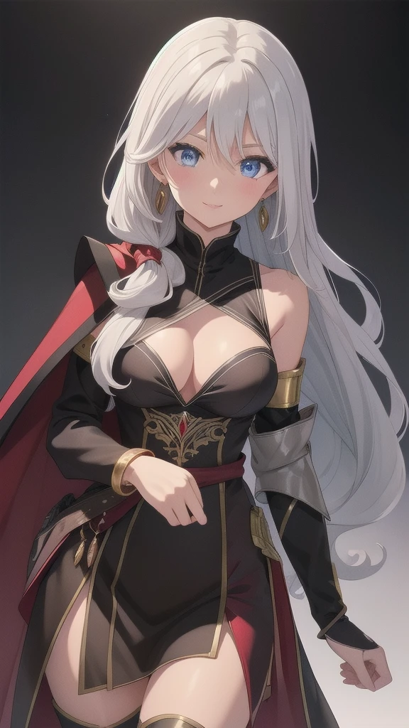 masterpiece, best quality, 1 solo girl, silver hair, blue eyes, long hair, medium breasts, sexy body and face, wavy hair, smile, parted lips, circlet, jewelry, bare shoulders, earrings, bridal gauntlets, sleeveless, black dress, bracelet, side slit, gold trim, red fur-trimmed cape, pelvic curtain, sleeveless dress, black footwear, turtleneck, long sleeves, castle, intdoors, sexy pose, cowboy shots, detailed body, face, and eyes, sharp focus, vibrant, creative, dynamic, high definition, high resolution, 8k, (Upscale: R-ESRGAN 4x+ Anime6mage enchance:4x), voluptuous body, cinema lightning, dakimakura style, looking at the viewer,