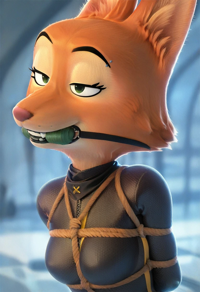 score_9, score_8_up, score_7_up, score_6_up, score_5_up, score_4_up, 
Diane_Foxington, ginger fur, emerald eyes, black lipstick, black eyebrows, silver piercings on eyebrow, fox tail,  with yellow trim and black wraps, smirk, gagged with bit gag, arms tied behind, , hishi karada, 