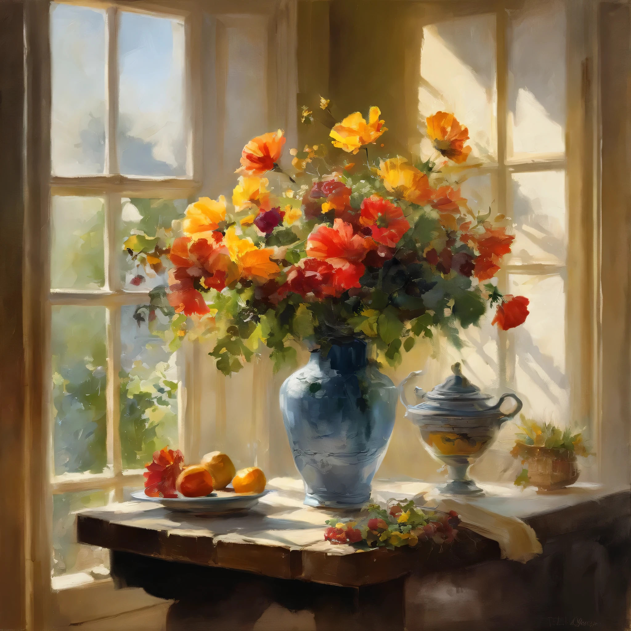 Close-up oF a table，There is a vase oF Flowers on it, delightFul surroundings, There is a French garden, transparent，High Profile，Home kitchen on a sunny day, Inside the French Village, author：Sensible, Bright windows illuminate the kitchen, Architectural Digest, Home &amp; Garden Magazine, Residence and garden, Architectural Digest Photos, summer morning light, with Flowers and plants, Vignette digital sketch, Paint dripping. PerFect color grading. Carel Appel and Jeremy Mann's inFluence, Many dramatic and threatening scenes, Extremely detailed, BeautiFul, Crazy details, Intricate details, Editorial Photography, Shot with a 50mm lens, depth oF Fields, Tilt Blur, Shutter Speed ​​1/1000, F/22. Lightmaps, Super bright