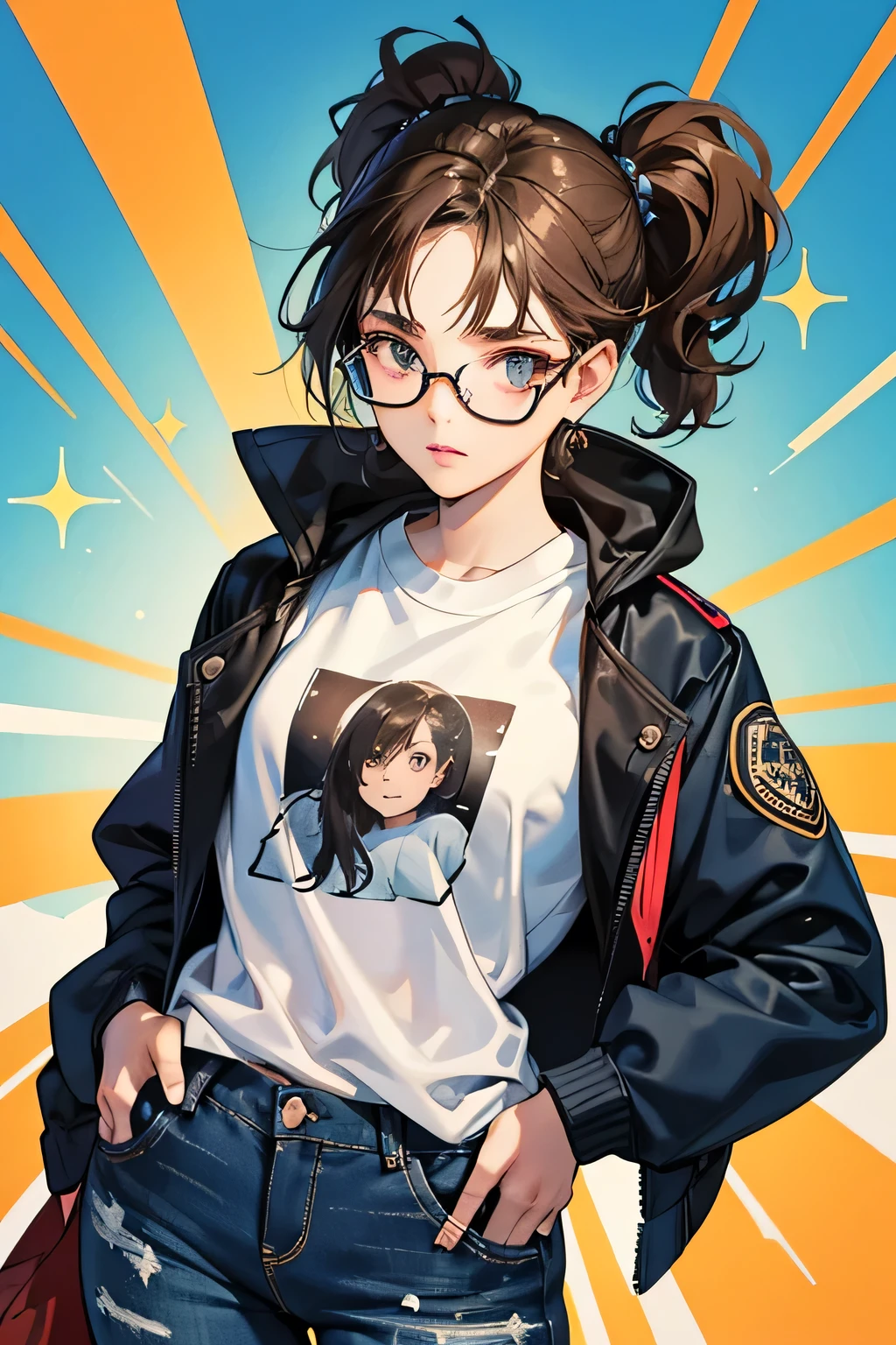 Ari has a short stature and a slightly larger figure than most characters... She has short brown hair with small strands sticking out at the sides.., a big pile in the middle, and the typical black eyes. He wears a thick blue jacket with drawstrings near the hood.., 2 pockets on both sides of it, and a picture of Shmorby to the right of his jacket.. She is also wearing a white t-shirt underneath.., jeans negros, and clear glasses with black frames on top. shine; Brilliantine