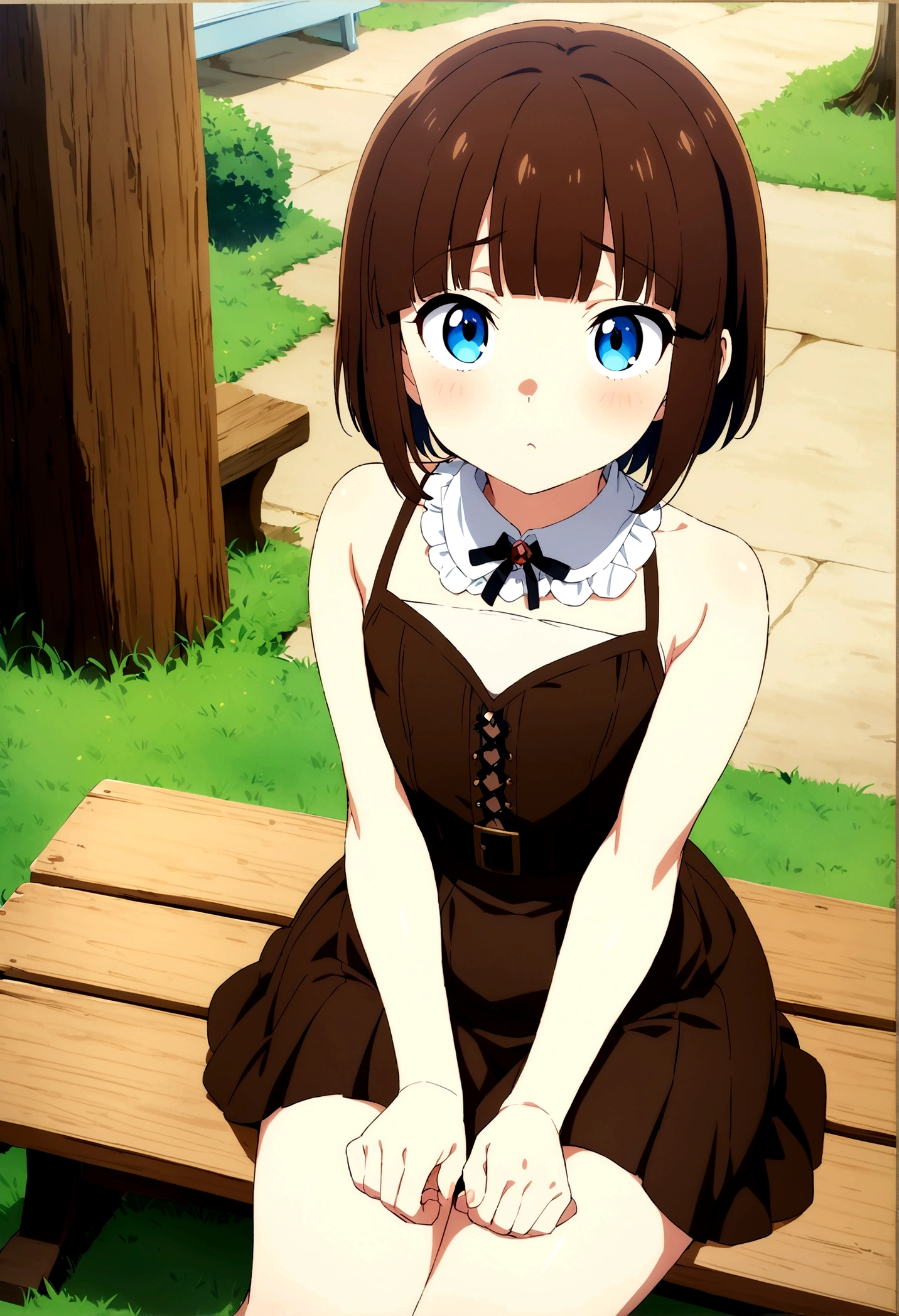 1 Anime boy, flat chest, big hips, high quality image, femboy, otokonoko, brown short hair, bangs, blue eyes, cute outfit, sitting on a bench with 1 anime girl equally cute