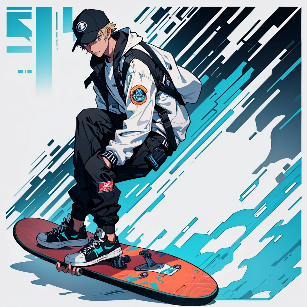 Create a 2D illustration in futuristic style of a young man with a skateboard, wearing a backwards cap, with a white border, sticker