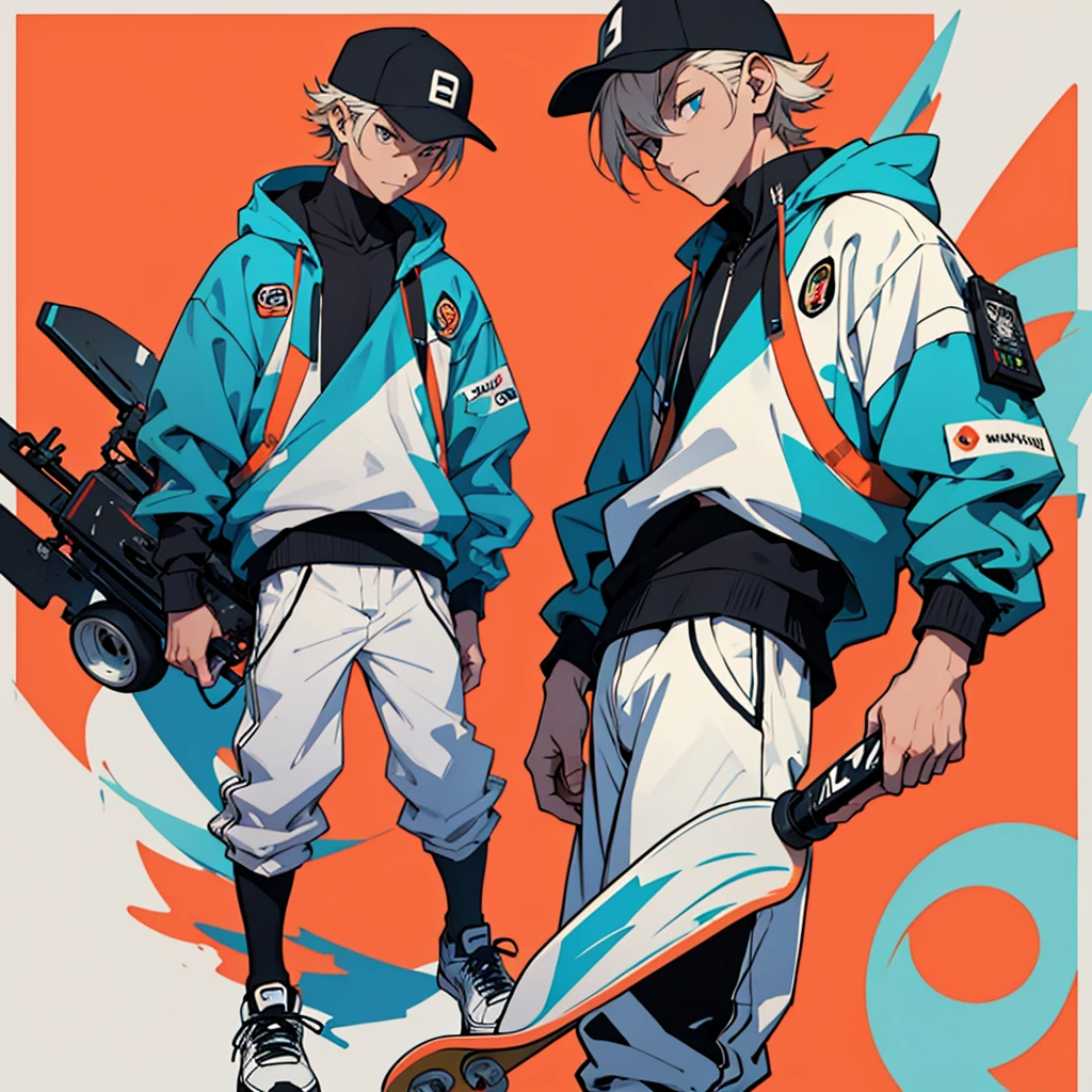 Create a 2D illustration in futuristic style of a young man with a skateboard, wearing a backwards cap, with a white border, sticker