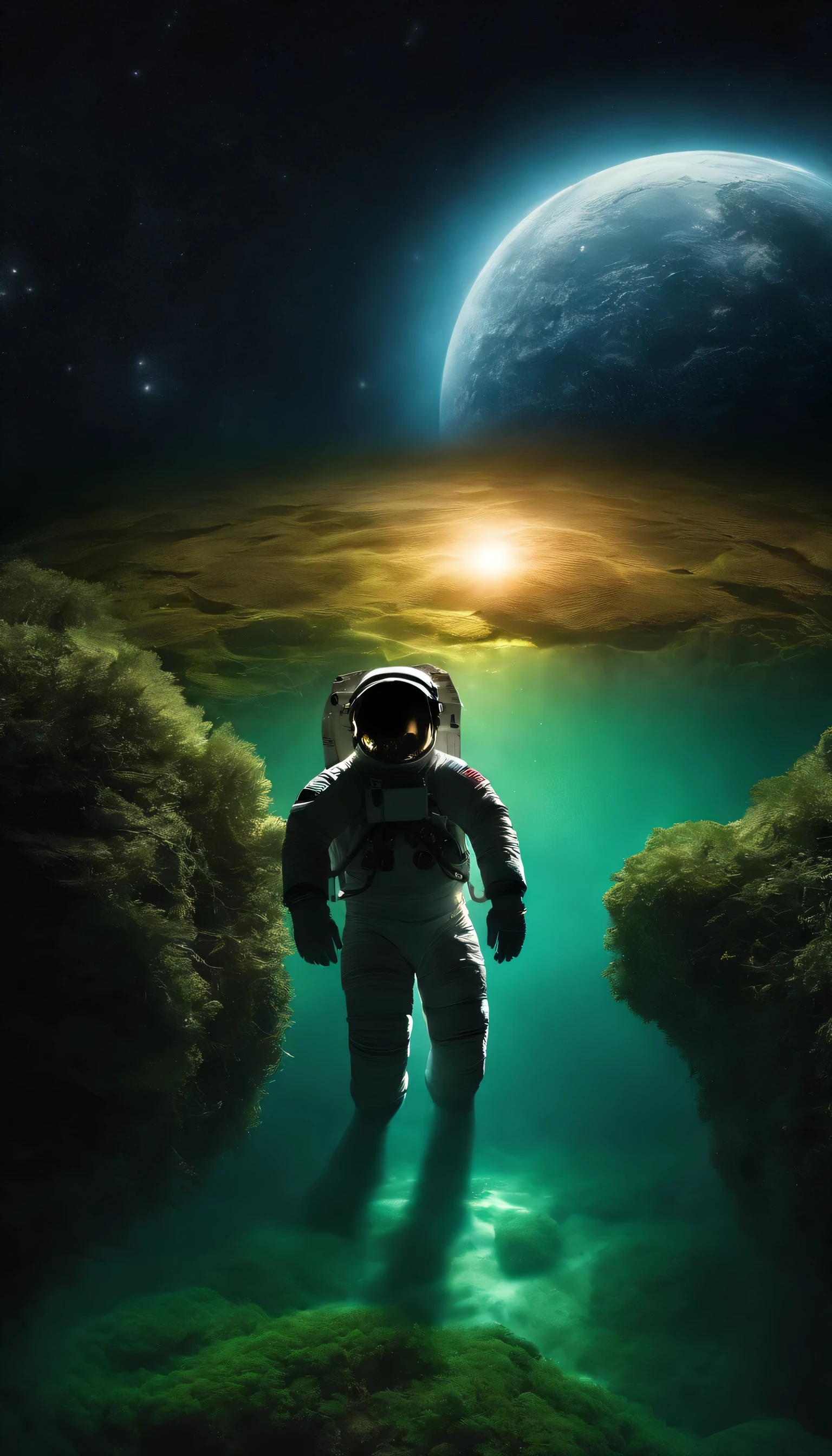 Astronaut under the deep sea, among luminous algae and calm currents, looked like a mysterious ghost.. His space suit glowed in the blue and green underwater light, creating a dazzling reflection. He moved slowly and silently through the depths, until he reached a point where moonlight miraculously broke through the surface of the water and illuminated the surface of an unknown planet..
The astronaut extended his heavy and durable glove towards the planet. As his fingers hit the surface of the planet, a wave of indescribable energy and emotion flowed from his fingertips to his entire body.. He could sense that the planet was somehow alive, with countless memories and secrets hidden within its layers..
With every touch, he felt a history of distant and alien worlds, stories of lost civilizations and perilous journeys.. With his hand on the surface of the planet, he closed his eyes and traveled inside himself, to a world full of wonders and unknowns.. He felt that he was not just an explorer, but a communicator between worlds and times.
This was the moment that gave meaning to all the efforts and risks; A moment that pushed him beyond human limitations and reminded him how vast and mysterious the world is. Under the sea, in total darkness, the astronaut touched the moon or a planet that no one else could touch..