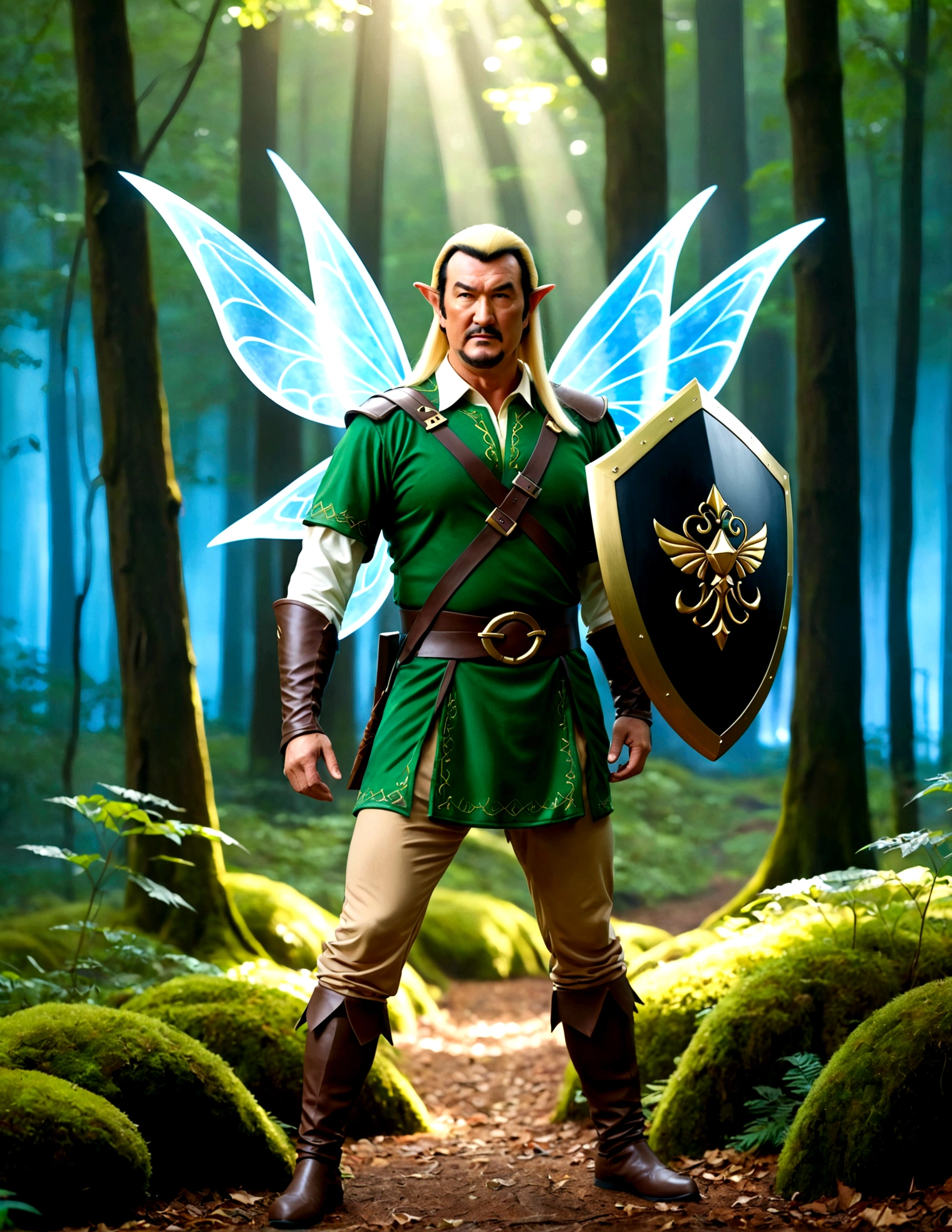 Steven Seagal (current, modern, big belly) in the role of Link (Link costume, elf ears, blonde wig over black hair, Link's shield on arm), akido pose, forest. Small magic fairy hovers nearby blue aura
