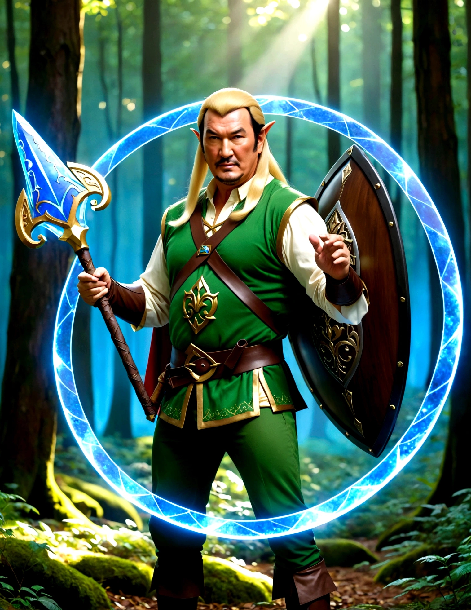 Steven Seagal (current, modern, big belly) in the role of Link (Link costume, elf ears, blonde wig over black hair, Link's shield on arm), akido pose, forest. Small magic fairy hovers nearby blue aura
