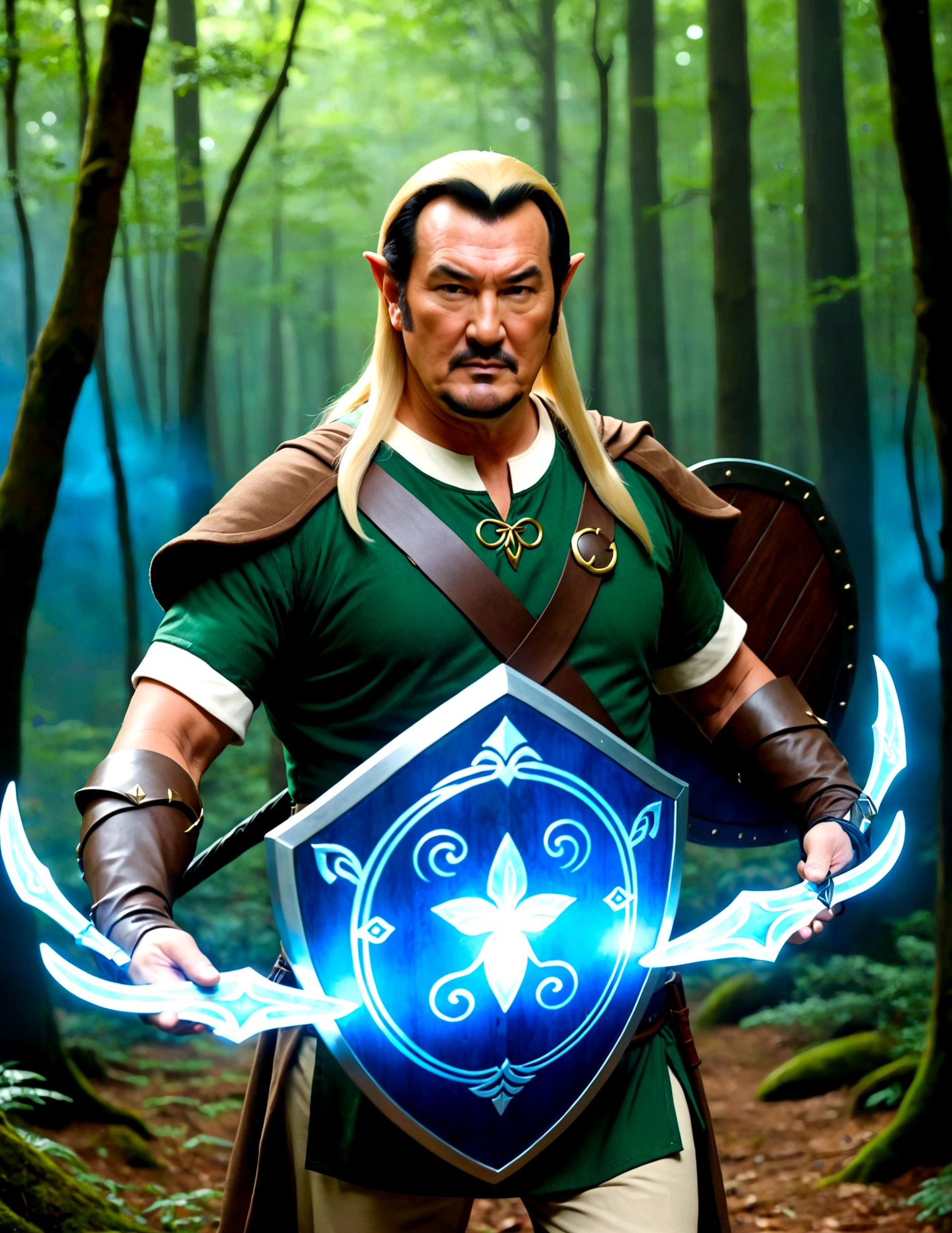 Steven Seagal (current, modern, big belly) in the role of Link (Link costume, elf ears, blonde wig over black hair, Link's shield on arm), akido pose, forest. Small magic fairy hovers nearby blue aura
