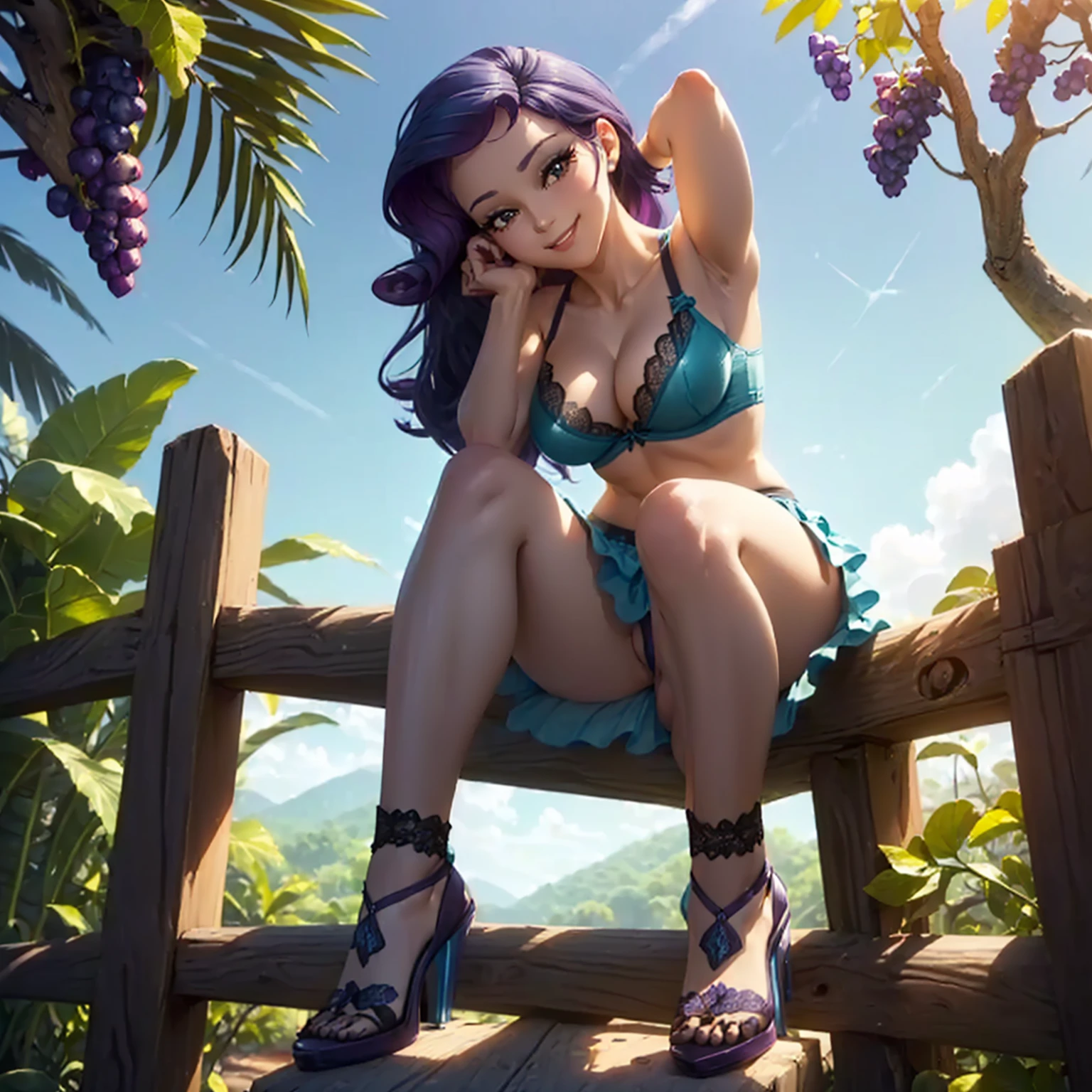 (((beautiful female body))),(((rarity as a sweet charming hot seductive horny model))) ,(((sit on the fences leant to grape tree)))), (((outdoor))),(((jungle in background))),(((lewd and erotic posing))), (((happy wicked smile))) ,(((wear light blue sheer lace transparent see through very short bra))) , (((((upskirt view))))) , breasts are visible , (((wear high heels))) , (((full body))),golden bracelets , (((perfect big breasts))) , lush breasts , Bulky Breasts , voluminous breasts ,(((peeping the viewer))),(((bare belly))),(((side close upskirt view))),(((look at the viewer hands behind head)))