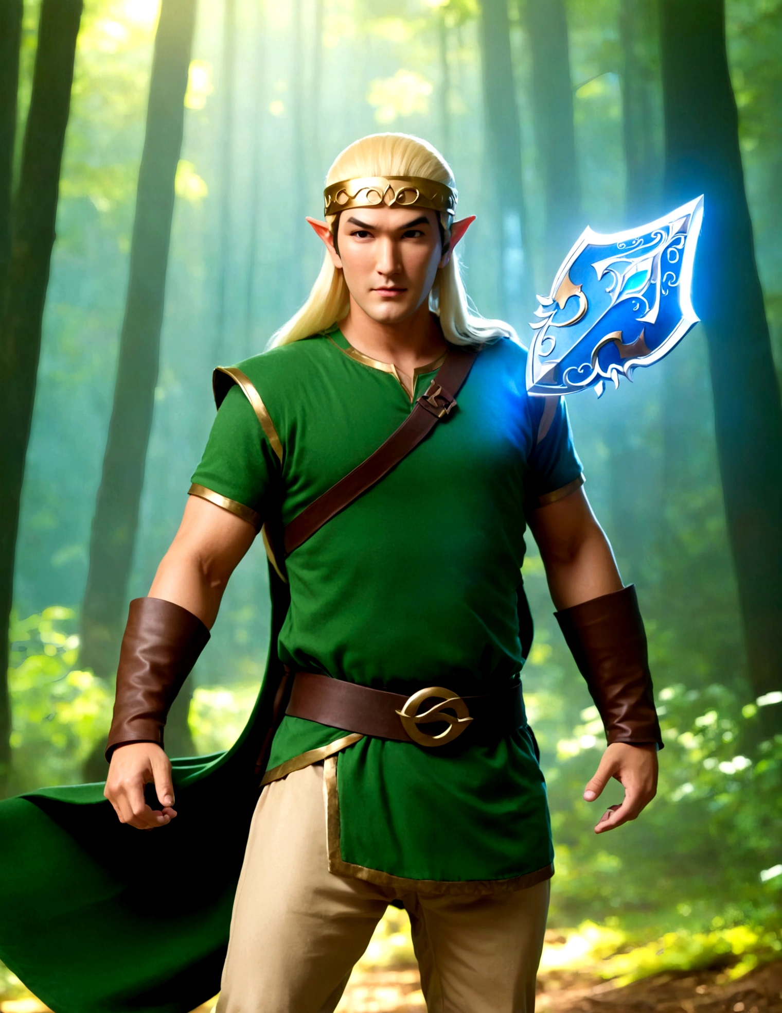 Steven Seagal (current, modern, big belly) in the role of Link (Link costume, elf ears, blonde wig over black hair, Link's shield on arm), akido pose, forest. Small magic fairy hovers nearby blue aura
