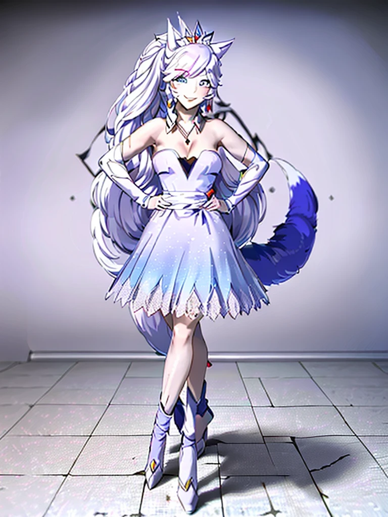 great quality ++ Extremely detailed high resolutionolution, very aesthetic, expressive eyes, (((Perfect face))), (((face symmetrical))), ((good anatomy)), (((perfect hands))), (((8k))), UHD, hd wallpaper, (((detailed high cal, (((((1girl)))))), only, Masterpiece, The best quality, high resolution, Highly detailed, (illustration), Beautiful detailed eyes, ((((full body))), (((solo))), (((((koyan-la1))))), (((cosplay of Weiss Schnee))), (((smiling))), (((fusion))), (((agglutination))), (((Combination))), (((((Whitehair))))), (((blue eyes))), (((ponytail))), (((white dress))), (((jewelry))), (((necklace))), (((earrings))), only, jaeces, earrings, long hair, parody, (((scar))), (((scar ocular))), (((hair ornament))), (((office background))), (((hand on hip))), (((strolling))), Side ponytail, scar en la cara, Upper part of the body, (((fox tail))), (((fox ears))), (((tiara))), (((jewelry))), (((earrings))), (((neckline trimming))),