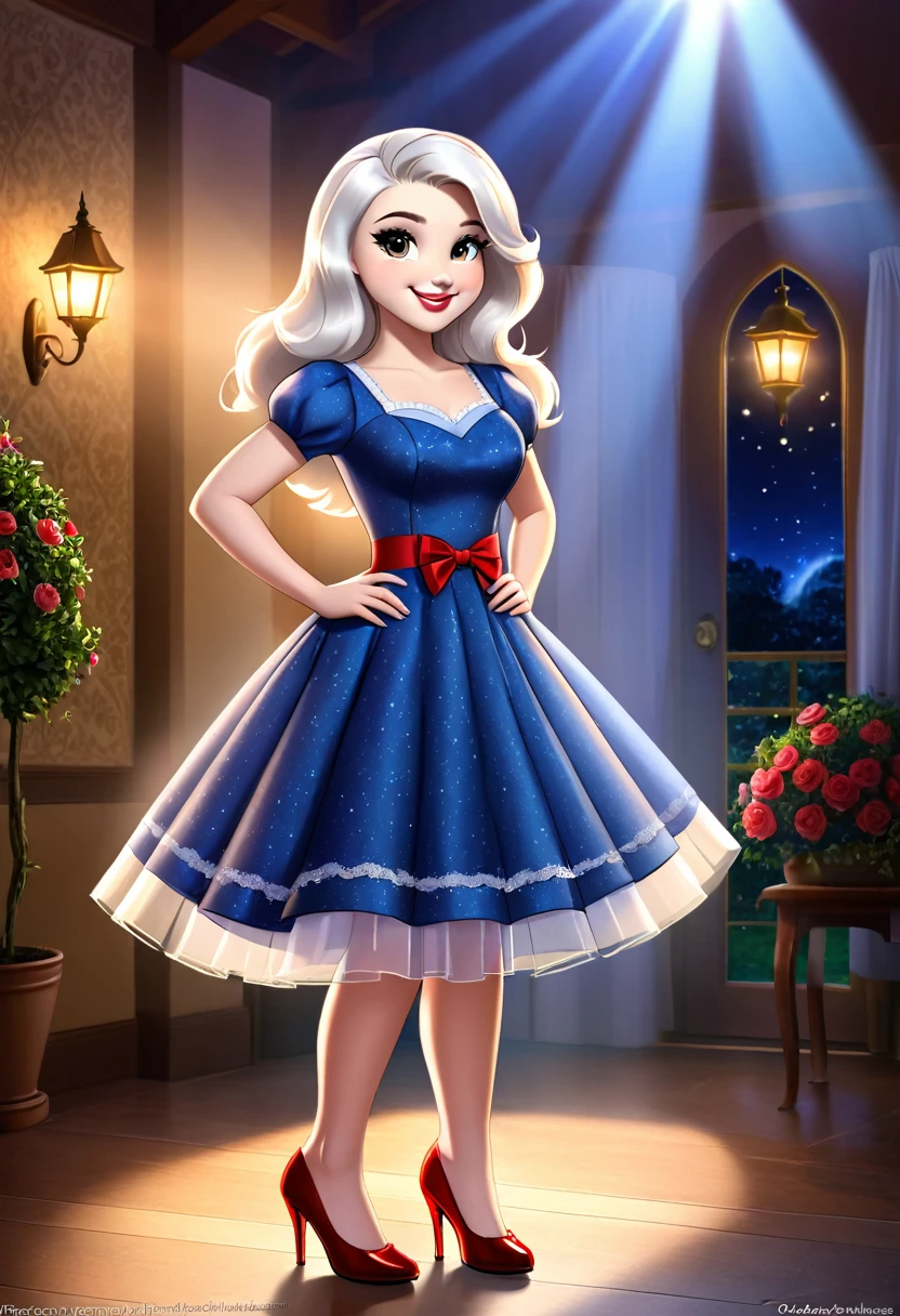 50s house wife. full length. featuring warm lighting and shadows. should be of the highest quality, a masterpiece with intricate details. Hands on hips. cute 50s house wife dress. Red high heels. She should have luscious lips, a wide smile, and bright, expressive eyes, exuding beauty, cuteness, and adorableness. Ensure the image is high resolution and sharply detailed, with a detailed and vibrant background. Scarlett Johanson, Alison Brie, Dove Cameron Incorporate mystical lighting in the background, creating a romantic and enchanting atmosphere.