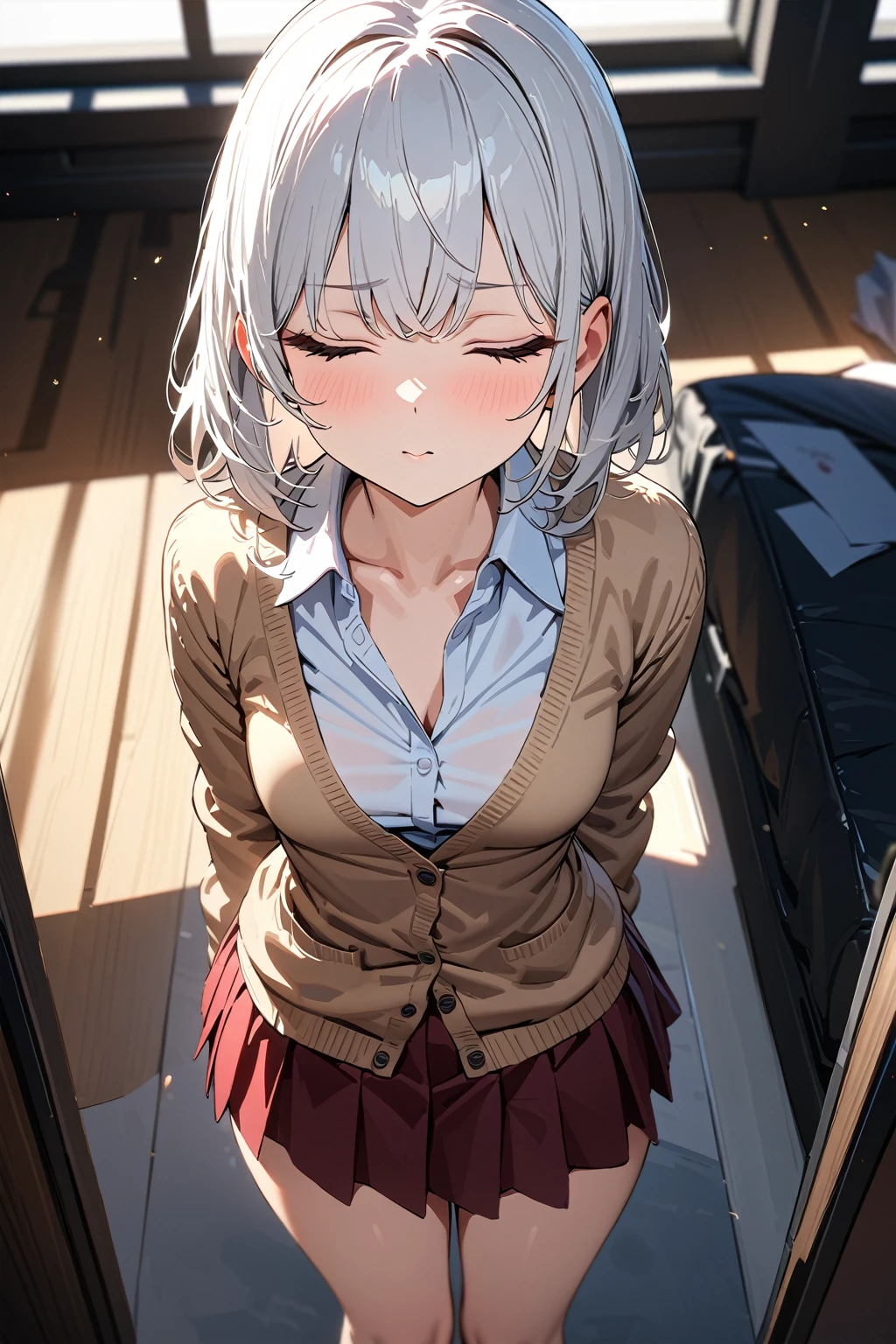 (masterpiece, best quality:1.5), (ultra detailed, high resolution, 8k, beautiful detailed, UHD, best anatomy), white hair, small breasts, 1girl, closed eyes, kissy face, A hopeful background, standing, front view, cardigan, flared skirt, business shirt, Come closer to pov