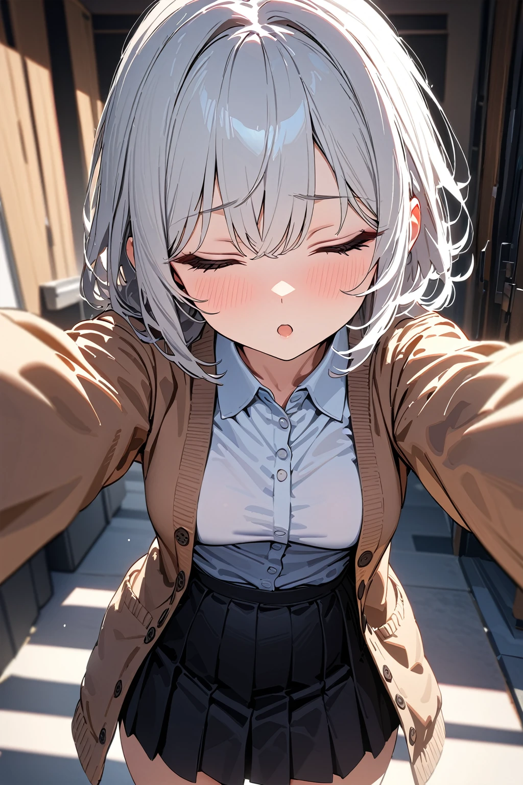 (masterpiece, best quality:1.5), (ultra detailed, high resolution, 8k, beautiful detailed, UHD, best anatomy), white hair, small breasts, 1girl, closed eyes, kissy face, A hopeful background, standing, front view, cardigan, flared skirt, business shirt, Come closer to pov