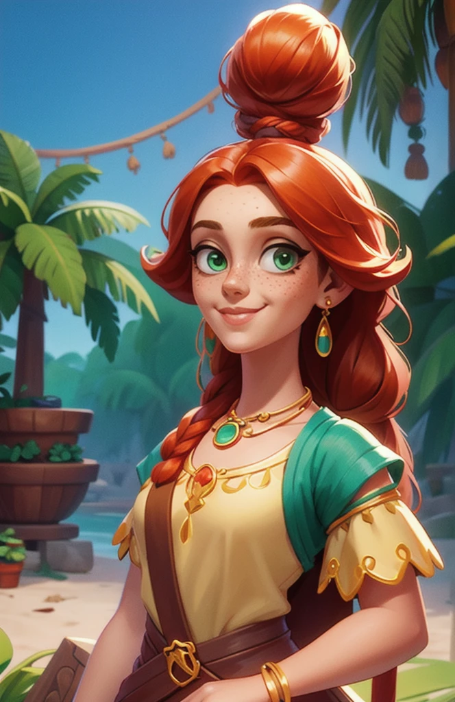 Concept Art,character illustration of a,European and American cartoons,1 Girl,freckle,Solitary,Jewelry,Green Eyes,Weaving,earrings,twin Weavings,necklace,Looking at the audience,Red hair,breast,Vague,plant,Short sleeve,Vague background,diaphragm,Upper Body,Puff sleeves,bracelet,Smile,Long hair,puffy Short sleeve,Necklace,Umbilical cord,Top of crop,
