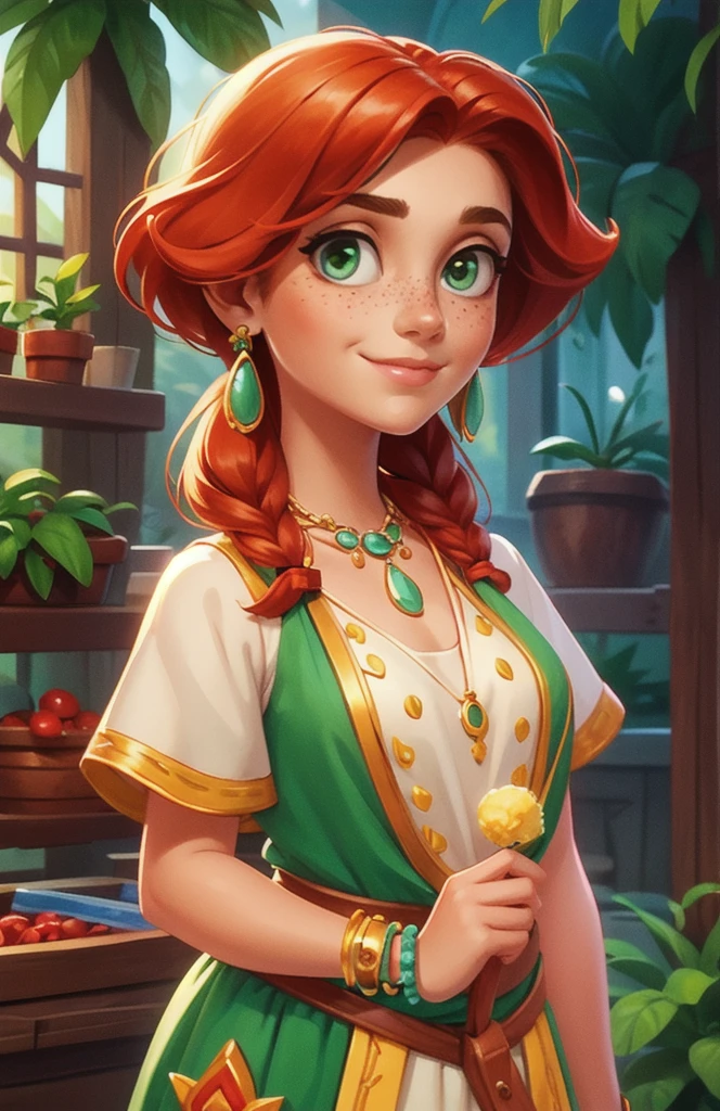 Concept Art,character illustration of a,European and American cartoons,1 Girl,freckle,Solitary,Jewelry,Green Eyes,Weaving,earrings,twin Weavings,necklace,Looking at the audience,Red hair,breast,Vague,plant,Short sleeve,Vague background,diaphragm,Upper Body,Puff sleeves,bracelet,Smile,Long hair,puffy Short sleeve,Necklace,Umbilical cord,Top of crop,