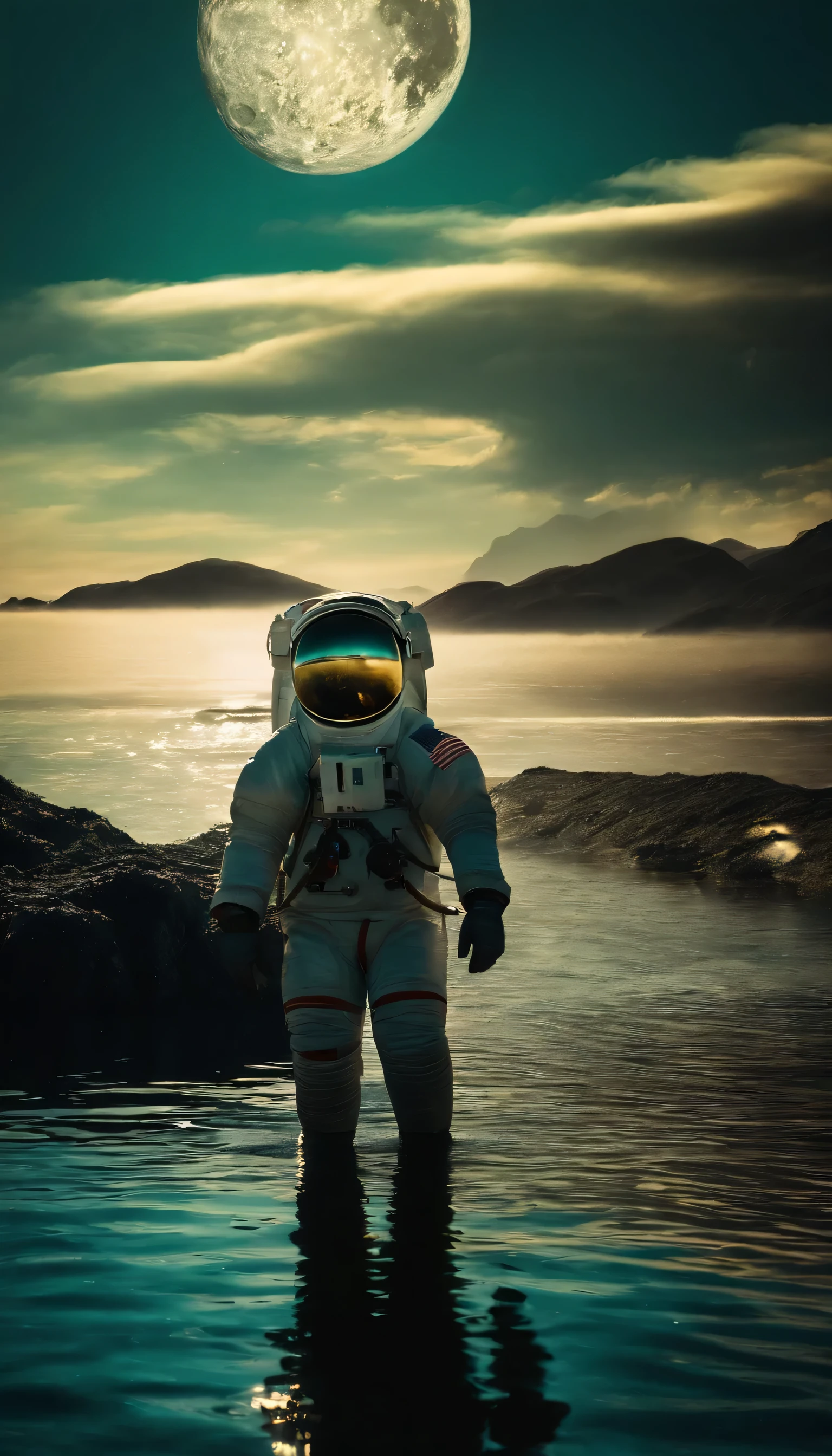 Astronaut under the deep sea, among luminous algae and calm currents, looked like a mysterious ghost.. His space suit glowed in the blue and green underwater light, creating a dazzling reflection. He moved slowly and silently through the depths, until he reached a point where moonlight miraculously broke through the surface of the water and illuminated the surface of an unknown planet..

The astronaut extended his heavy and durable glove towards the planet. As his fingers hit the surface of the planet, a wave of indescribable energy and emotion flowed from his fingertips to his entire body.. He could sense that the planet was somehow alive, with countless memories and secrets hidden within its layers..

With every touch, he felt a history of distant and alien worlds, stories of lost civilizations and perilous journeys.. With his hand on the surface of the planet, he closed his eyes and traveled inside himself, to a world full of wonders and unknowns.. He felt that he was not just an explorer, but a communicator between worlds and times.

This was the moment that gave meaning to all the efforts and risks; A moment that pushed him beyond human limitations and reminded him how vast and mysterious the world is. Under the sea, in total darkness, the astronaut touched the moon or a planet that no one else could touch..







