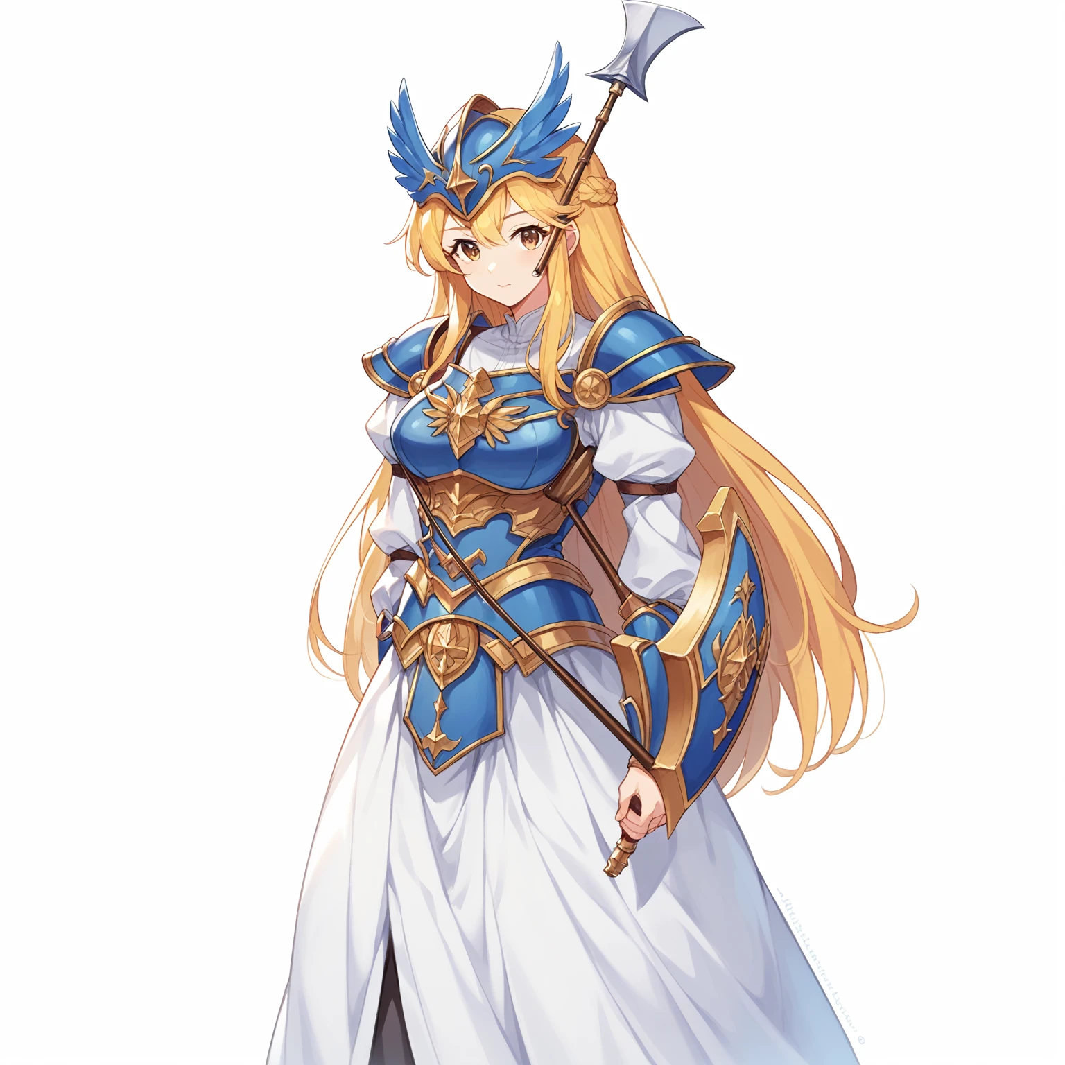 Highest quality, high resolution, High quality game art style, whole body,Valkyrie,Official Art, Smooth game CG art,Cute 3D anime girl render, Visual Novel Sprites, White background,Smooth game CG art, (((Woman with a gun))),A woman wearing a white dress and blue armor, An intricately designed helmet with white feathers,Small shield, (((Carries an elaborate halberd))),Exquisite Blue Armor,Golden Hair, long hair, female knight, Rin々Shii,Large Bust,17 years old,