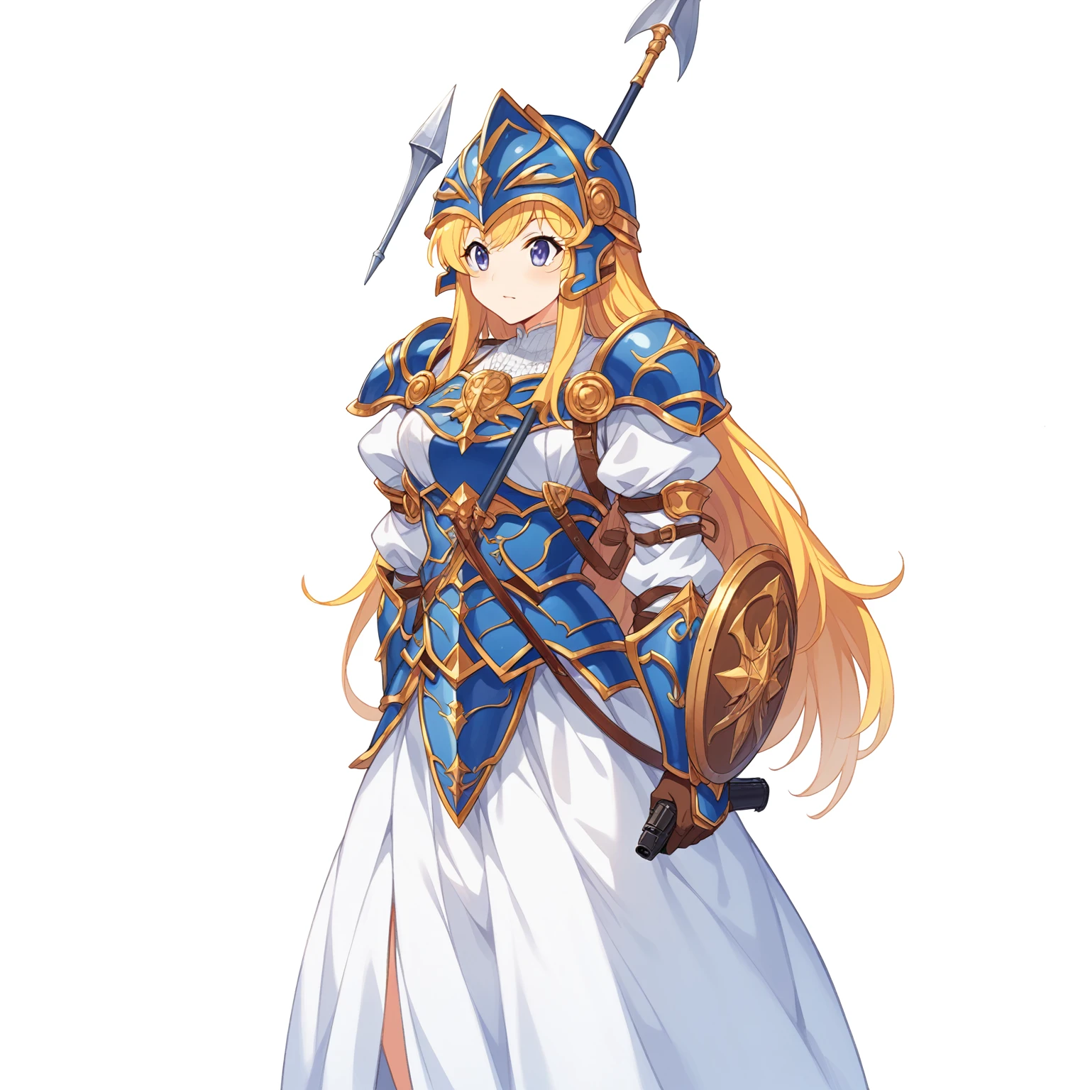 Highest quality, high resolution, High quality game art style, whole body,Valkyrie,Official Art, Smooth game CG art,Cute 3D anime girl render, Visual Novel Sprites, White background,Smooth game CG art, (((Woman with a gun))),A woman wearing a white dress and blue armor, An intricately designed helmet with white feathers,Small shield, (((Carries an elaborate halberd))),Exquisite Blue Armor,Golden Hair, long hair, female knight, Rin々Shii,Large Bust,17 years old,