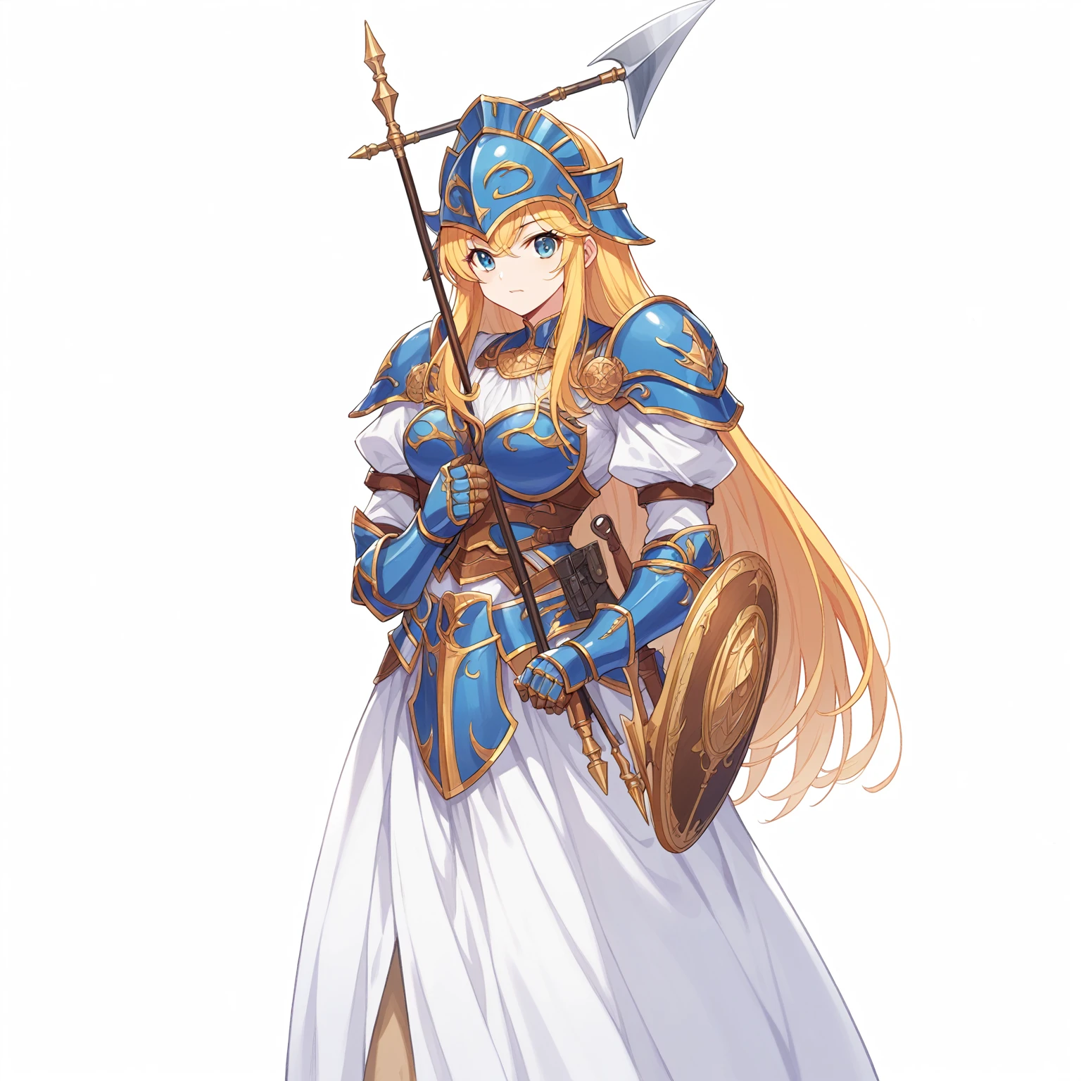 Highest quality, high resolution, High quality game art style, whole body,Valkyrie,Official Art, Smooth game CG art,Cute 3D anime girl render, Visual Novel Sprites, White background,Smooth game CG art, (((Woman with a gun))),A woman wearing a white dress and blue armor, An intricately designed helmet with white feathers,Small shield, (((Carries an elaborate halberd))),Exquisite Blue Armor,Golden Hair, long hair, female knight, Rin々Shii,Large Bust,,