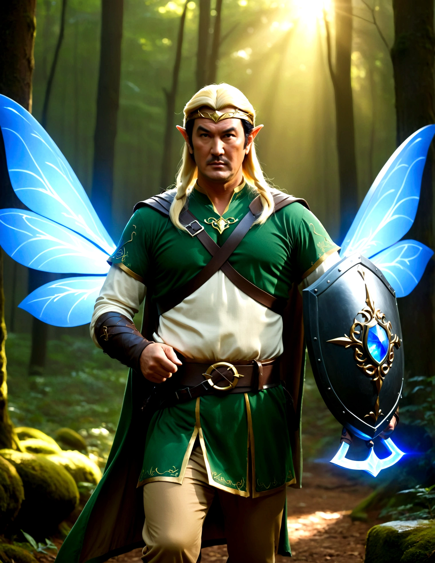 Steven Seagal (current, modern, big belly) in the role of Link (Link costume, elf ears, blonde wig over black hair, Link's shield on arm), akido pose, forest. Small magic fairy hovers nearby blue aura