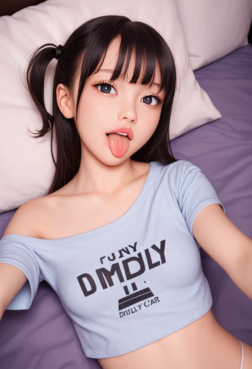 ollarbone,pastel colors t-shirt,off-shoulder look,bare shoulder,midriff peek,string panties,open mouth,(tongue out:2),lying,Selfie,looking ahead,from above,front view,upper body,(1girl,Beautiful  girl),((Slender,Small breasts,Small face,)),(looking at viewer),Black Hair,bangs,one side up,Beautiful and detailed,(Dimly lit room:1.5),Simple Background,bed,pillow,best quality,Brilliant Quality
