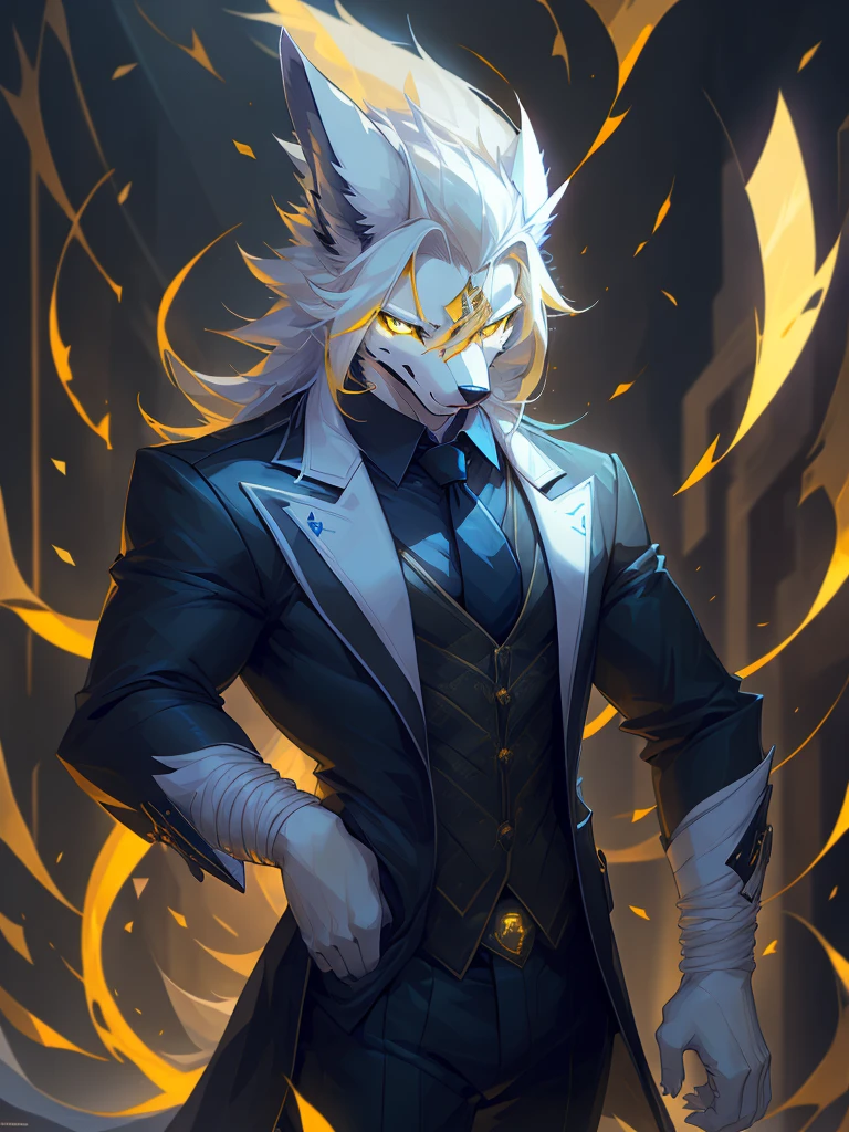 male, furry, Fox anthro, solo, white fur, Yellow eyes, (Realistic eye details 1.2), business suit wear, V0id3nergy, abs, Masterpiece, dramatic lighting, soft lighting, day, highly detail, Hair coiled