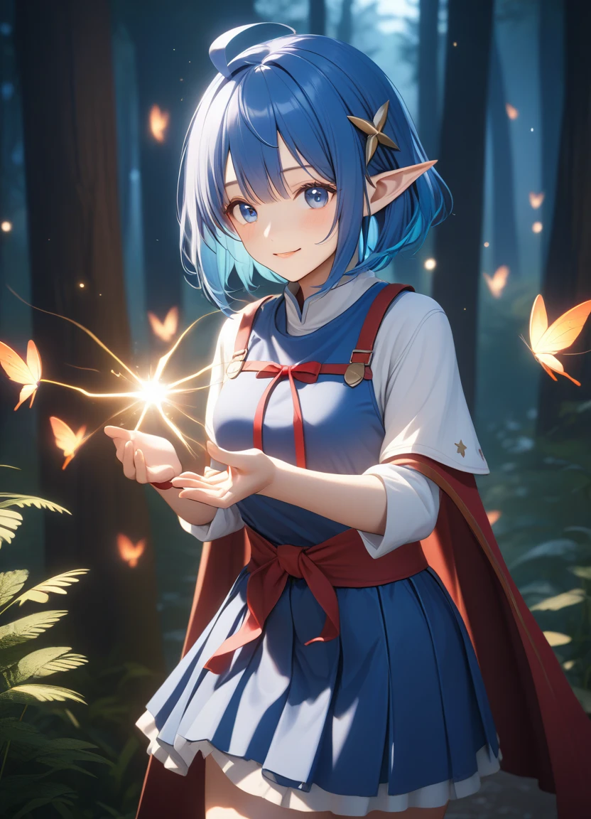 1girl, RENA LANFORD, 1GIRL, AHOGE, BLUE HAIR, SHORT HAIR, BLUE EYES, POINTY EARS
CRESCENT HAIR ORNAMENT, RED CAPE, BLUE VEST, LEATHER ARMOR, RED RIBBON, WAIST RIBBON, BLUE SKIRT, MINISKIRT, SHOES, BREAK kawaii, smile, cowboy shot, own hands clasped, forest, night, lightning bug, light particle, BREAK detailed face, smooth skin, cinematic lighting, volumetric shadow, BREAK 3D, CG illustration, (masterpiece:1.2), (best quality:1.2), (very aesthetic:1.2), (absurdres:1.2), (detailed background), newest, (intricate:1.2), 