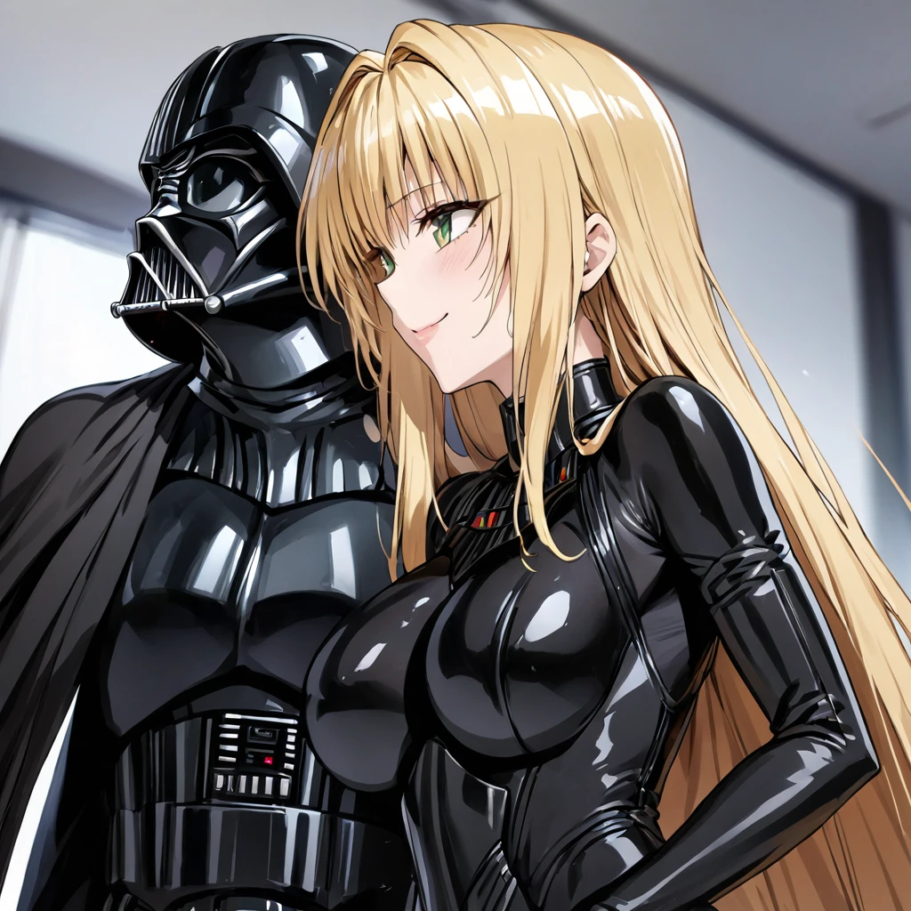 ((Highest quality)), ((masterpiece)), (detailed), (Perfect Face)、The woman is the Sith Lord Tearju, with green eyes and blonde medium-long hair, a female version of Darth Vader, wearing the same bodysuit and protector as Darth Vader, a full-face helmet as Darth Vader, and a black cloak.、The woman is standing next to Darth Vader and smiling sweetly at him.