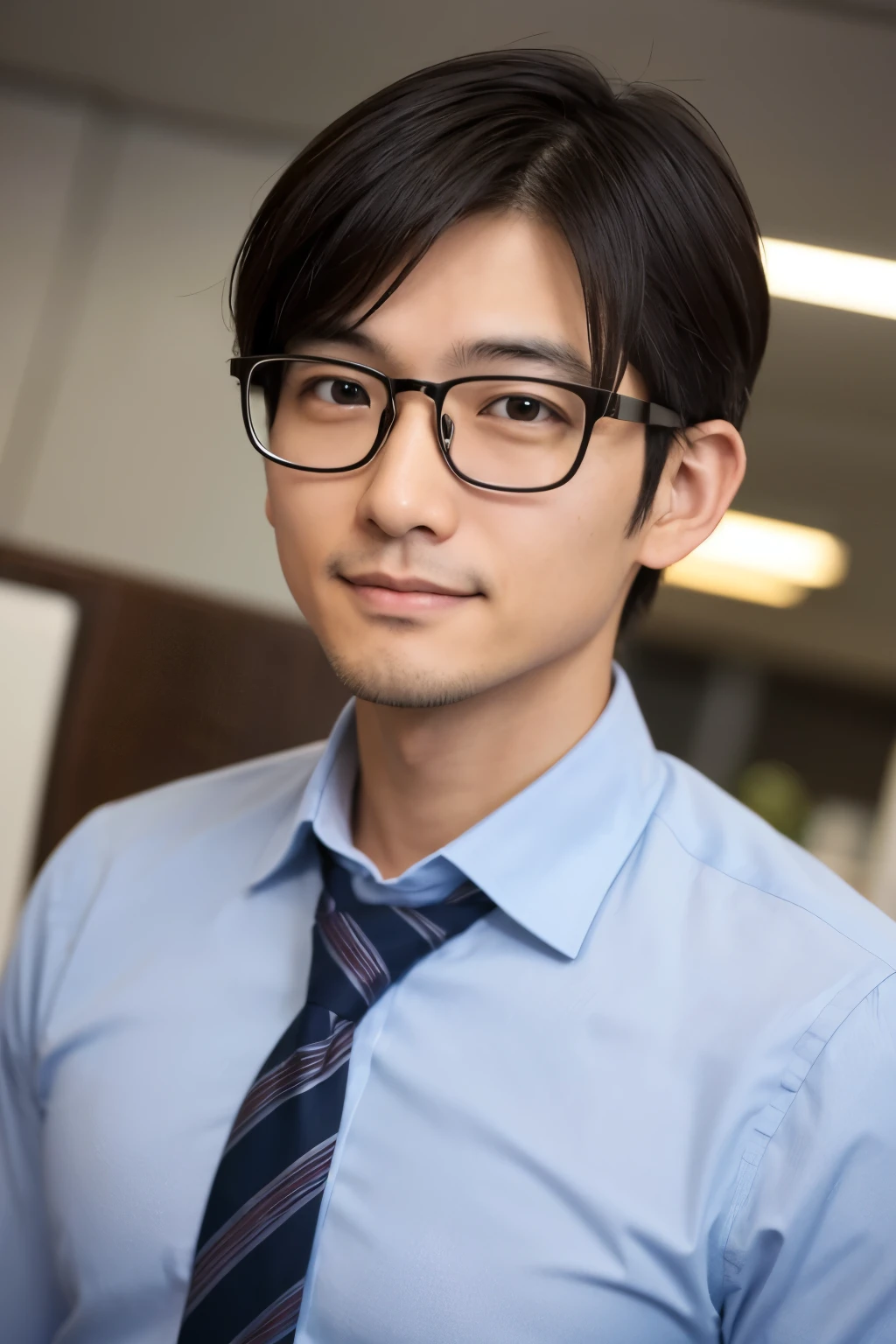 A Japanese male office worker in his 30s、I'm wearing glasses.、I would like a front-facing photo of a person with short hair and athletic features.。