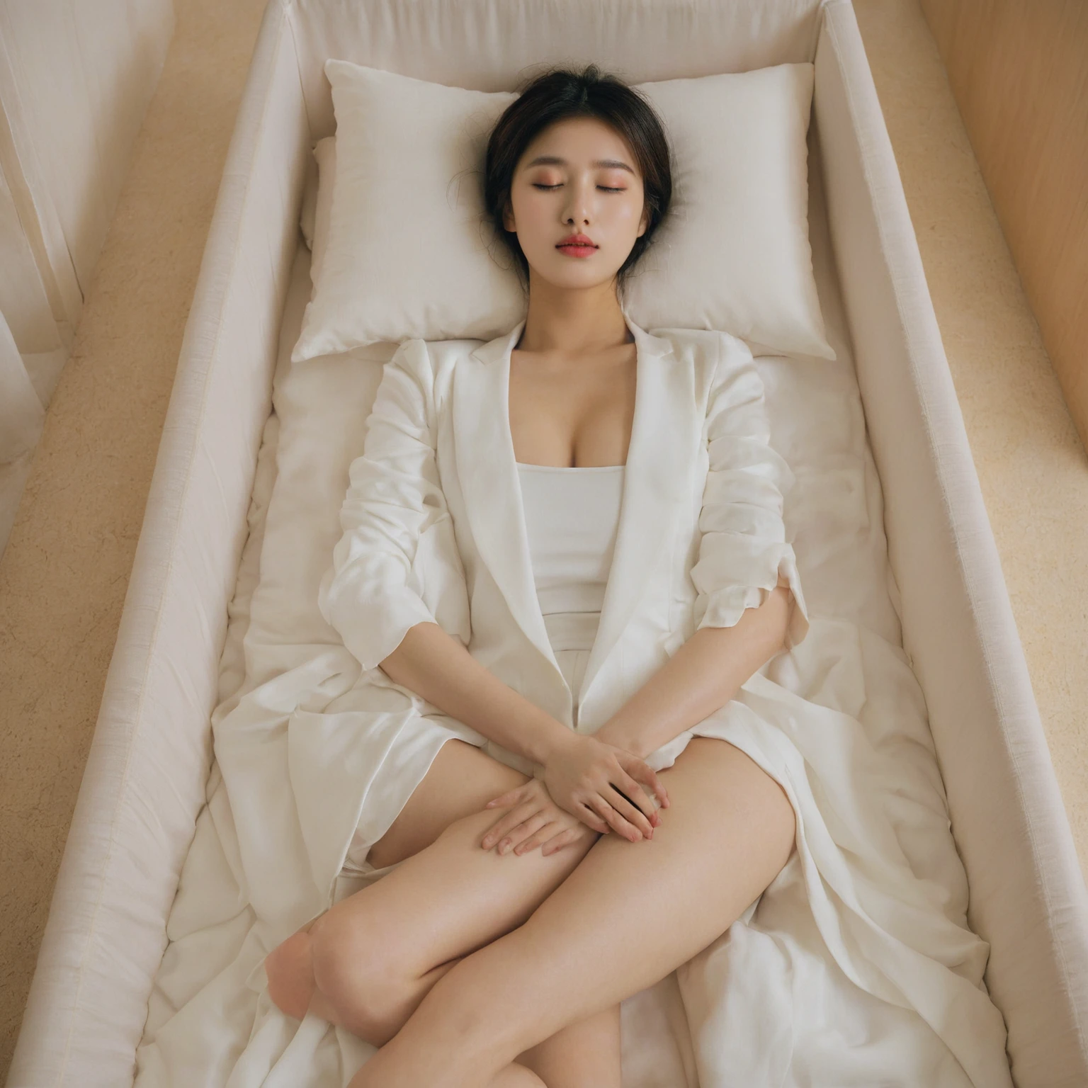 In a deep, white coffin with plush pillows (1.6 meters tall), a serene 22-year-old Korean girl sleeps peacefully. The box's interior is bathed in soft, diffused light against a striking black background. She wears a sleek, sleeveless blazer, no bra, white skirt, and has luscious eyebrows, eyelashes, and a flawless complexion. Her closed eyes and mouth convey tranquility. Render in Ultra High Resolution with Saturated colors, emphasizing the beautiful details of her face and the surrounding environment, round breast, medium breasts, straight body, (sleeveless:1.5).