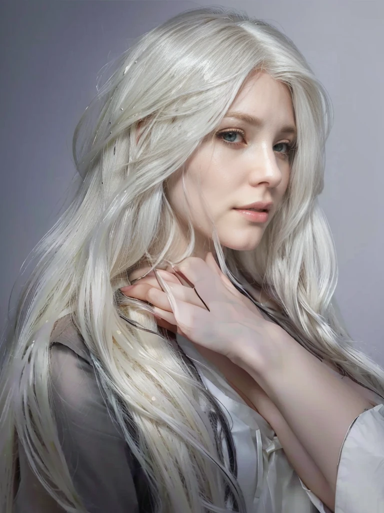  a woman with long blonde hair and a white shirt, being held by the face by male hands, in bowater art style, girl with white hair, Portrait of Emma Frost, beautiful character painting, with long white hair, blonde anime girl with long hair, Perfect white hair girl, with long white hair, tifa lockhart with white hair, detailed white long hair, galadriel