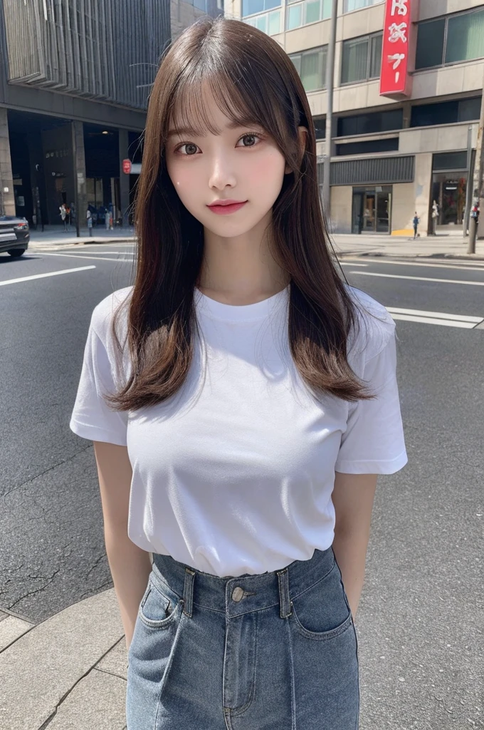(8k, RAW photo, top quality, masterpiece: 1.2), (realistic, photorealistic: 1.37), three-dimensional, ultra detail, ultra high resolution, one girl, beholder, beautiful detailed face, smile, constriction, (slim waist): 1.3), beautiful detailed skin, skin texture, floating hair, professional lighting, Japanese beautiful girl, medium hair, beautiful hair, 20 years old, attractive breasts, full body from toes to head, standing, Shift gaze away, gaze into the distance, Sibuya city, wide pants + T-shirts
