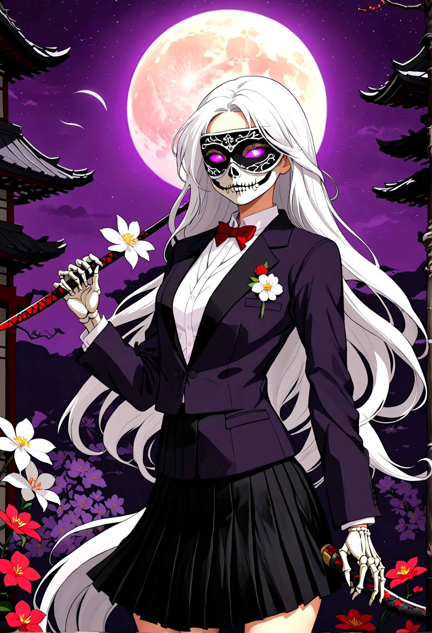 Flat style,Japanese anime style,(((1 beautiful girl,Silver long hair,White flower eye mask on eyes,Black pleated skirt suit))),Katana in hand,Elegant dynamic pose,Dynamic Blur,Red Moon,Dark purple tones,Mysterious and elegant atmosphere,(((Purple fluorescent python snake skeleton background)))