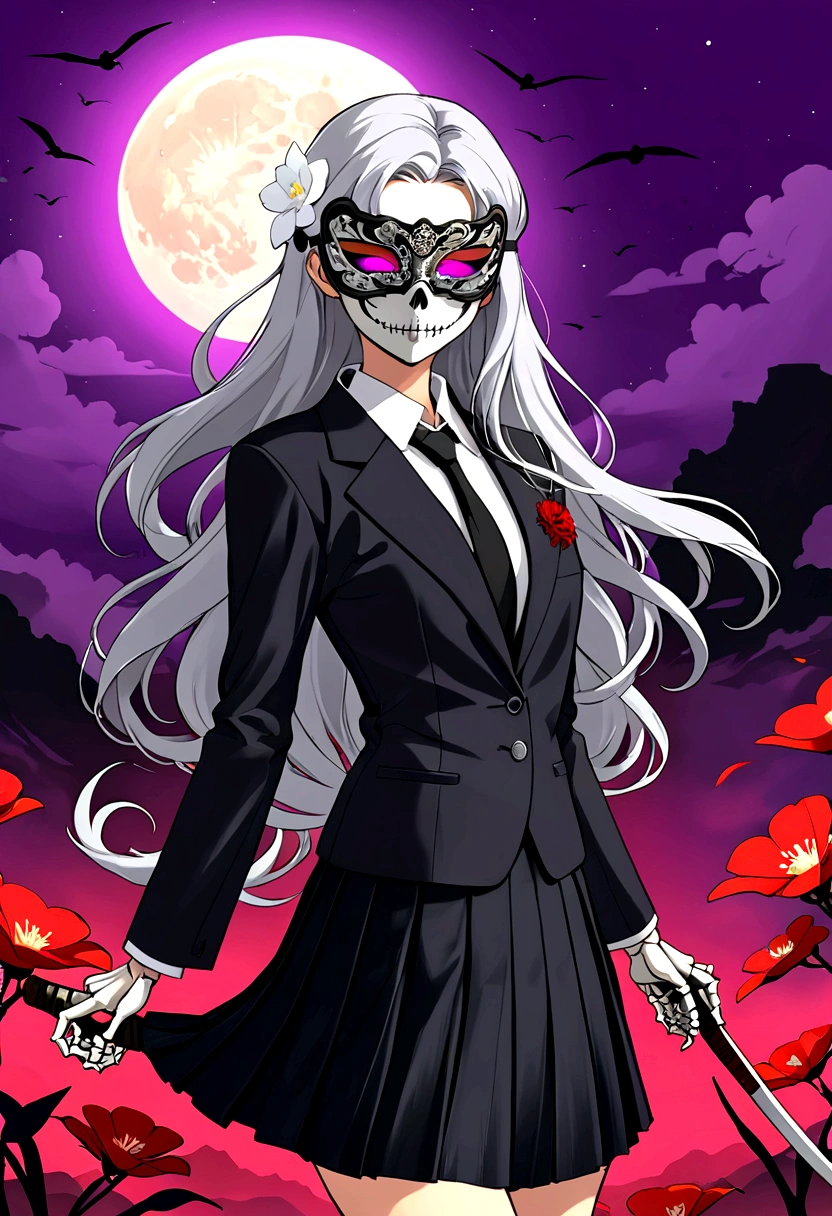 Flat style,Japanese anime style,(((1 beautiful girl,Silver long hair,White flower eye mask on eyes,Black pleated skirt suit))),Katana in hand,Elegant dynamic pose,Dynamic Blur,Red Moon,Dark purple tones,Mysterious and elegant atmosphere,(((Purple fluorescent python snake skeleton background)))